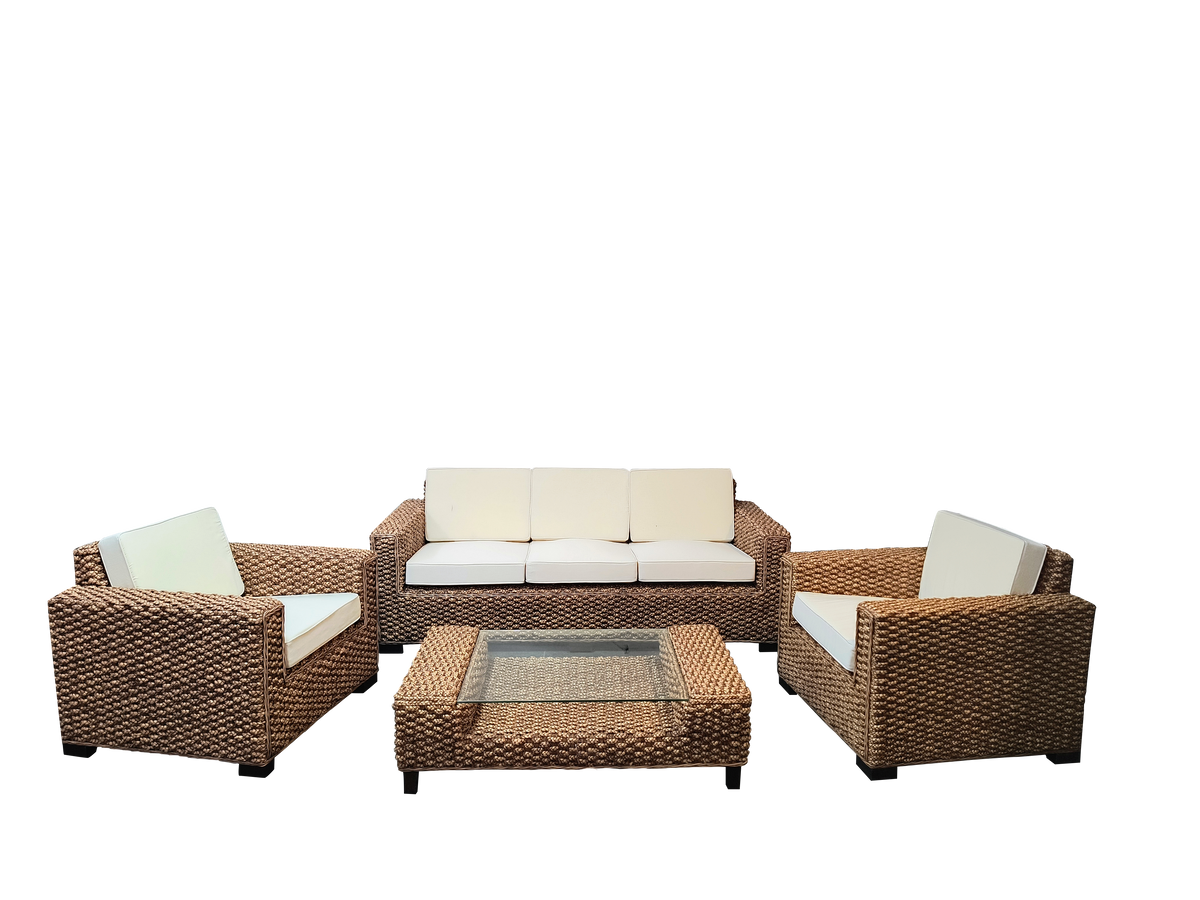 Detalle del diseño del set rattan natural para interior y exterior