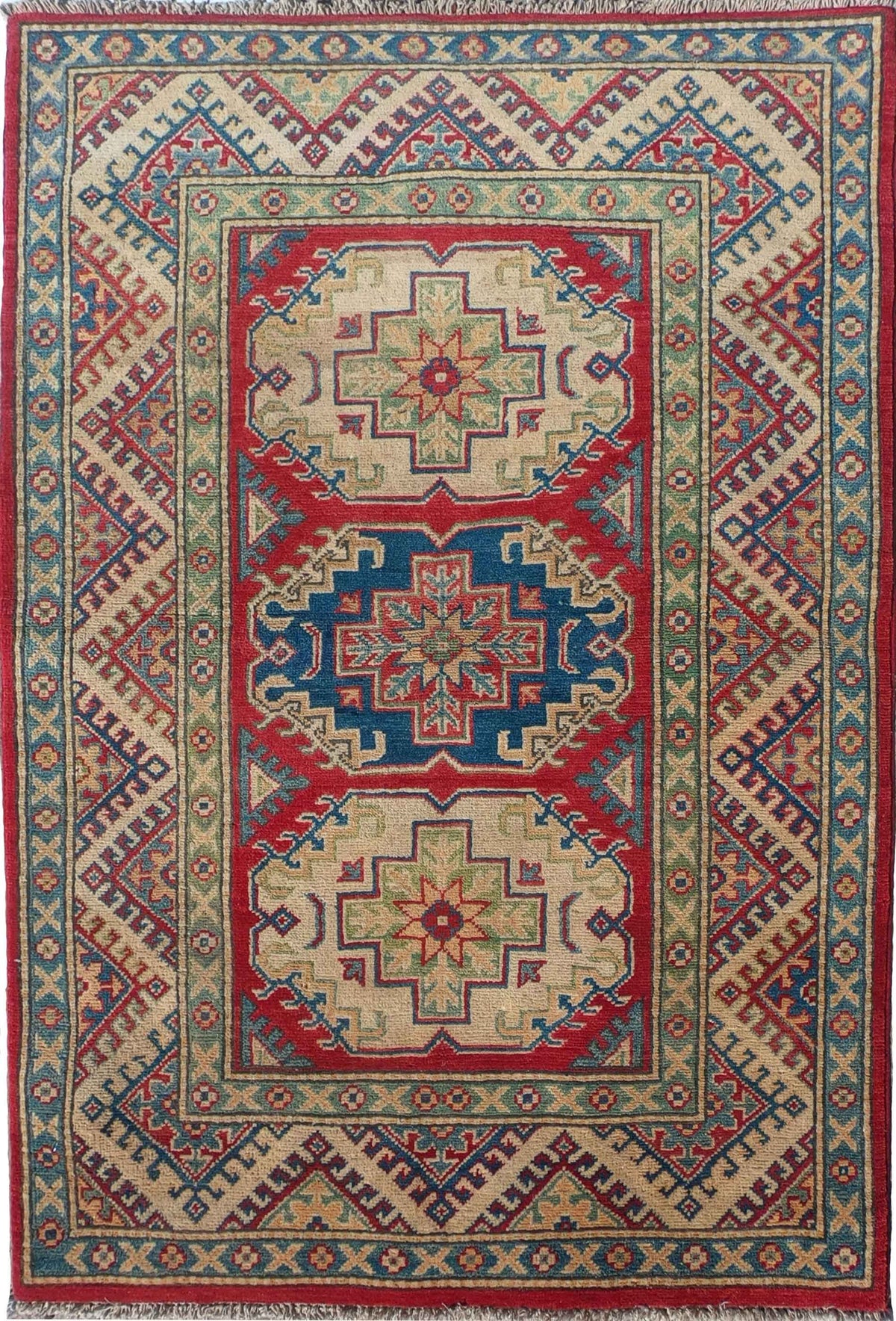 Alfombra persa Kazak de lana con diseño geométrico rojo