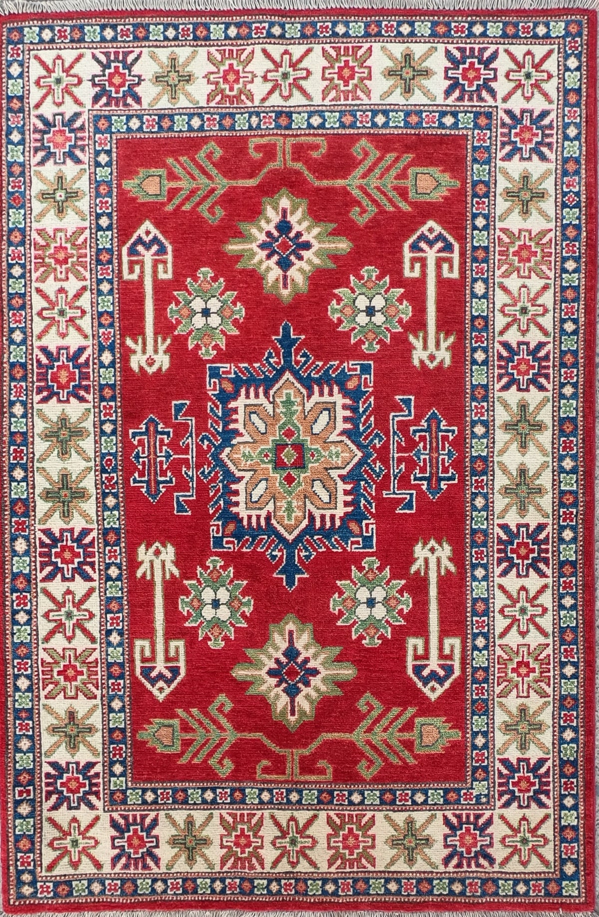 Alfombra persa de lana Kazak clásica, diseño geométrico rojo - Consorcio Persa