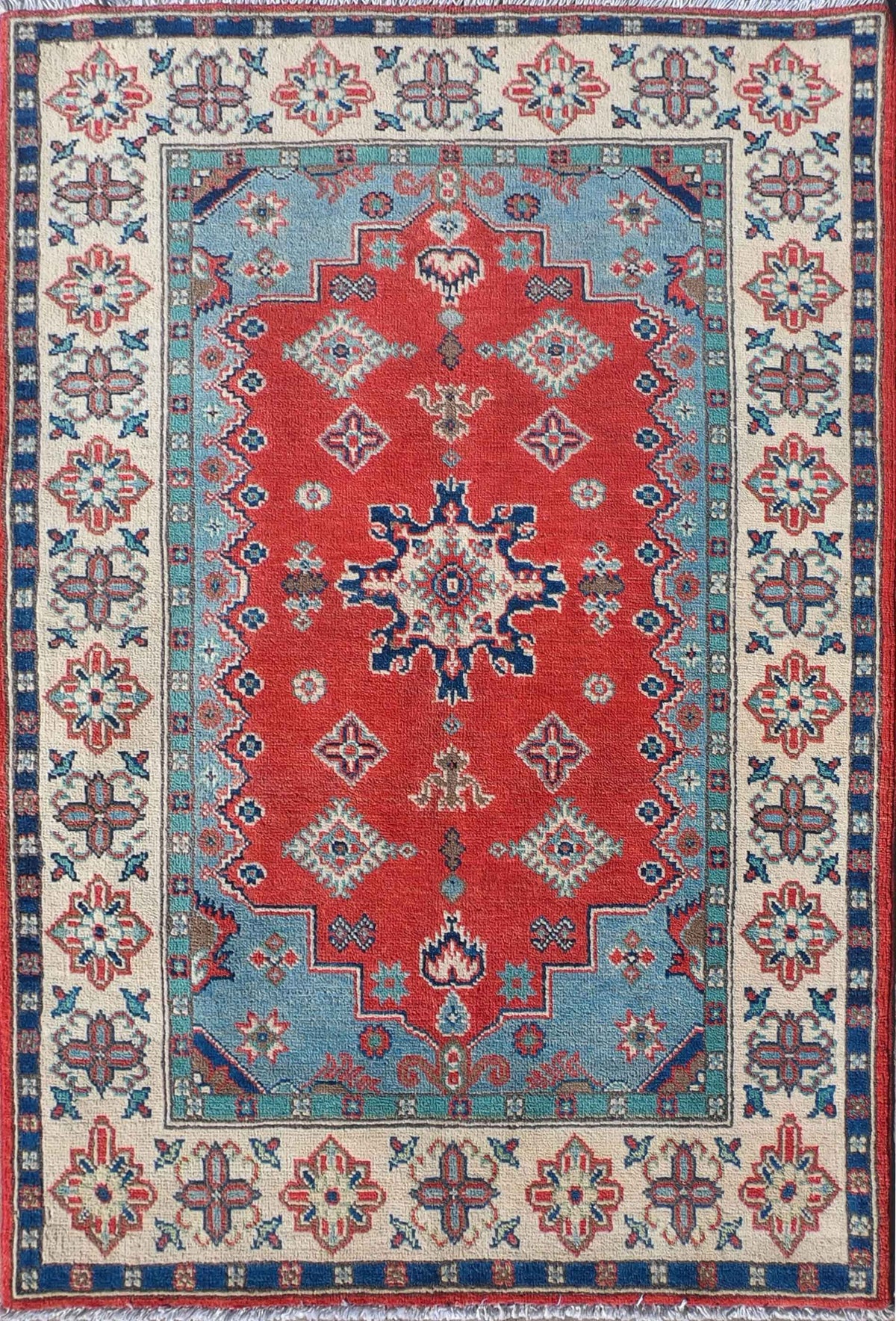 Alfombra Persa Kazak de lana roja y diseño geométrico
