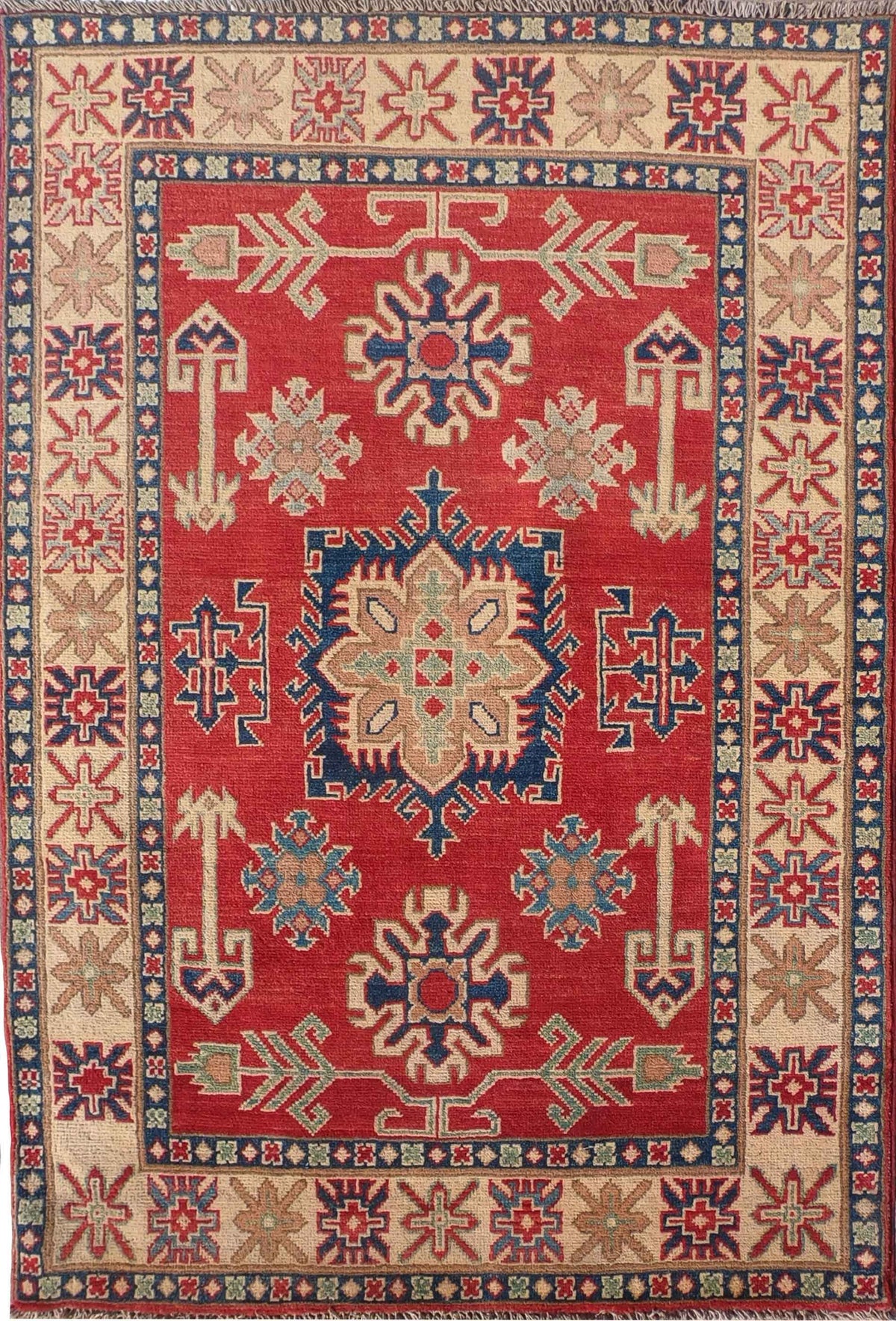 Alfombra persa Kazak de lana con diseño geométrico rojo