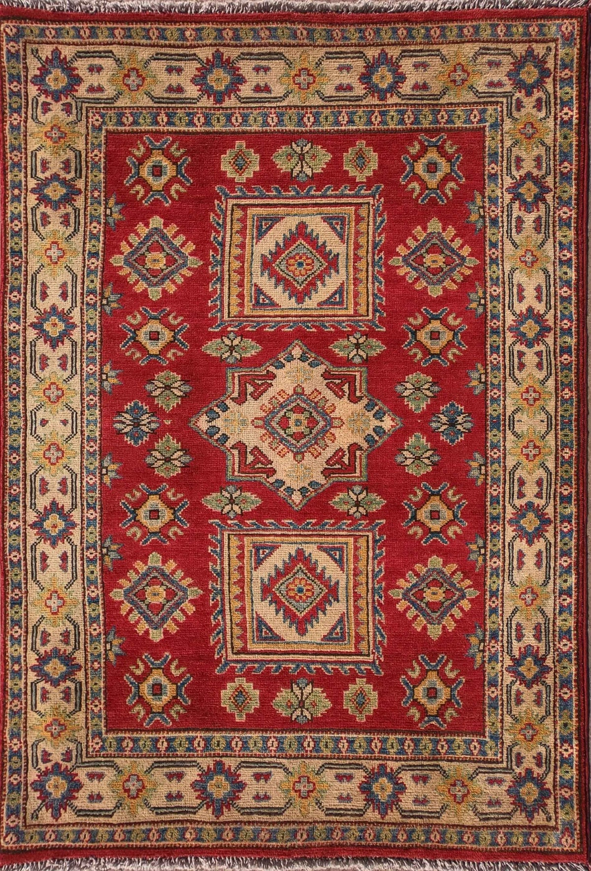 Alfombra Persa Kazak de lana con diseño geométrico rojo