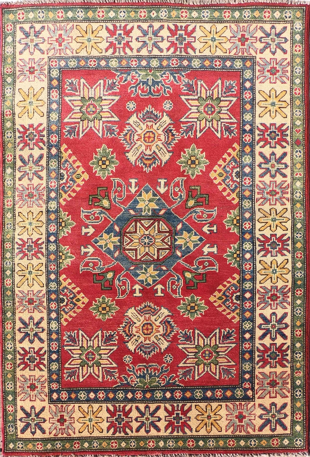 Alfombra Persa Kazak de lana con diseño geométrico rojo