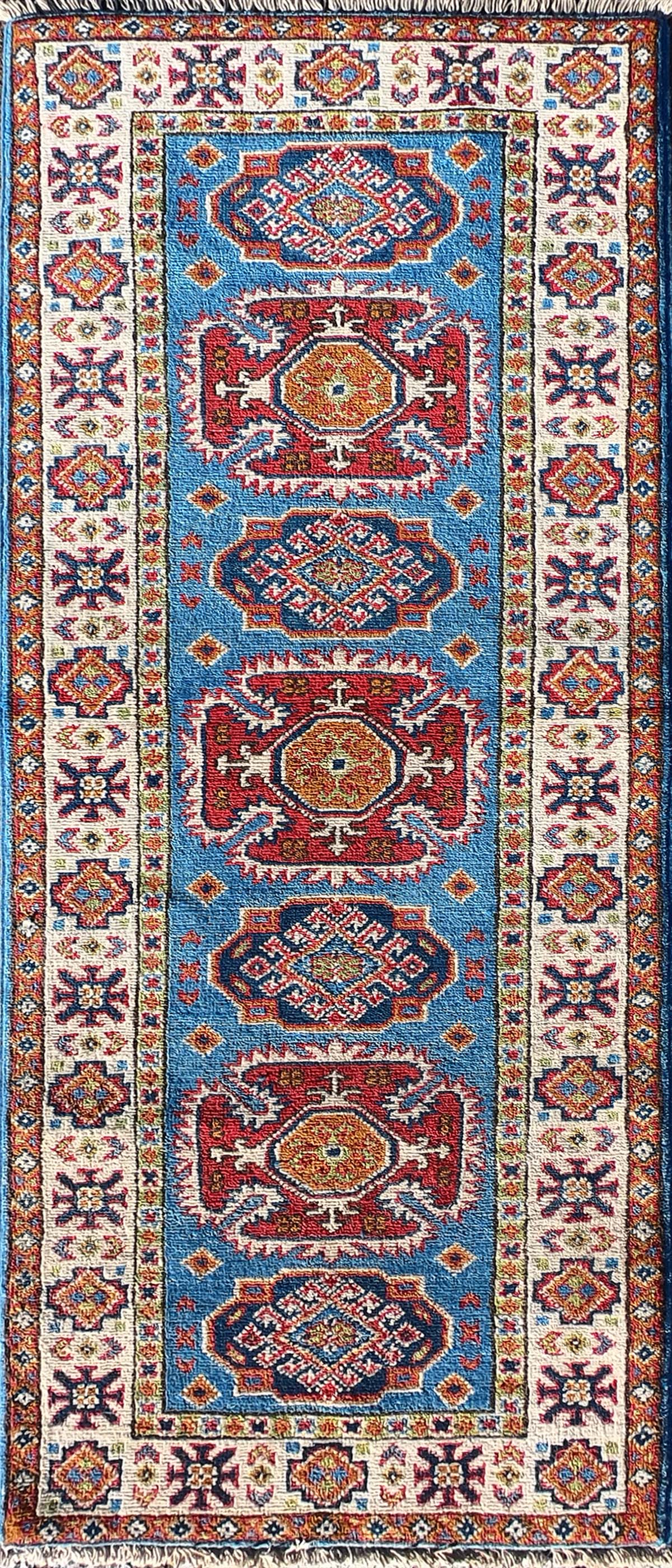 Alfombra persa de lana Kazak, diseño geométrico rojo intenso, hecha a mano - Consorcio Persa