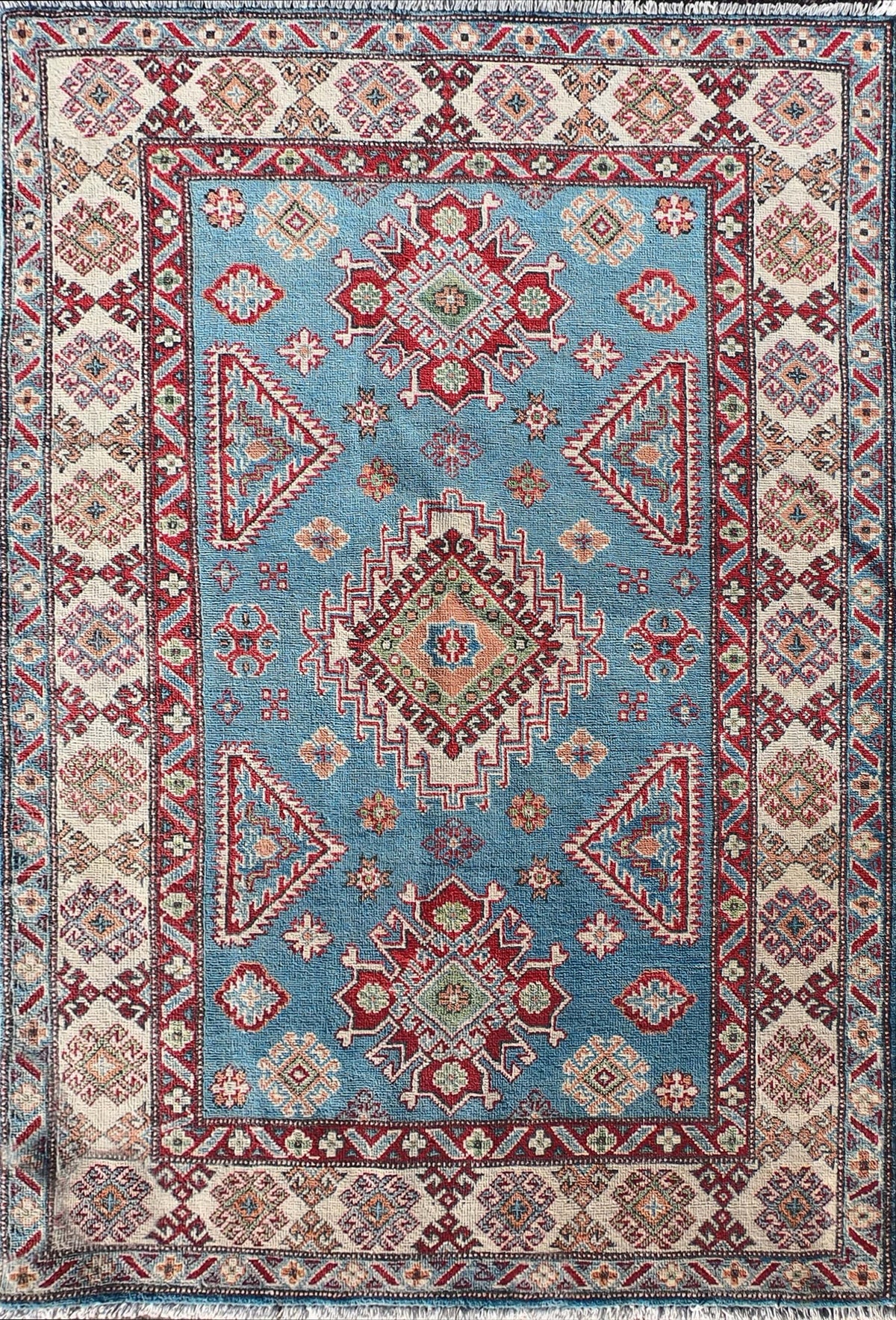 Alfombra persa de lana Kazak, diseño geométrico rojo intenso - Consorcio Persa