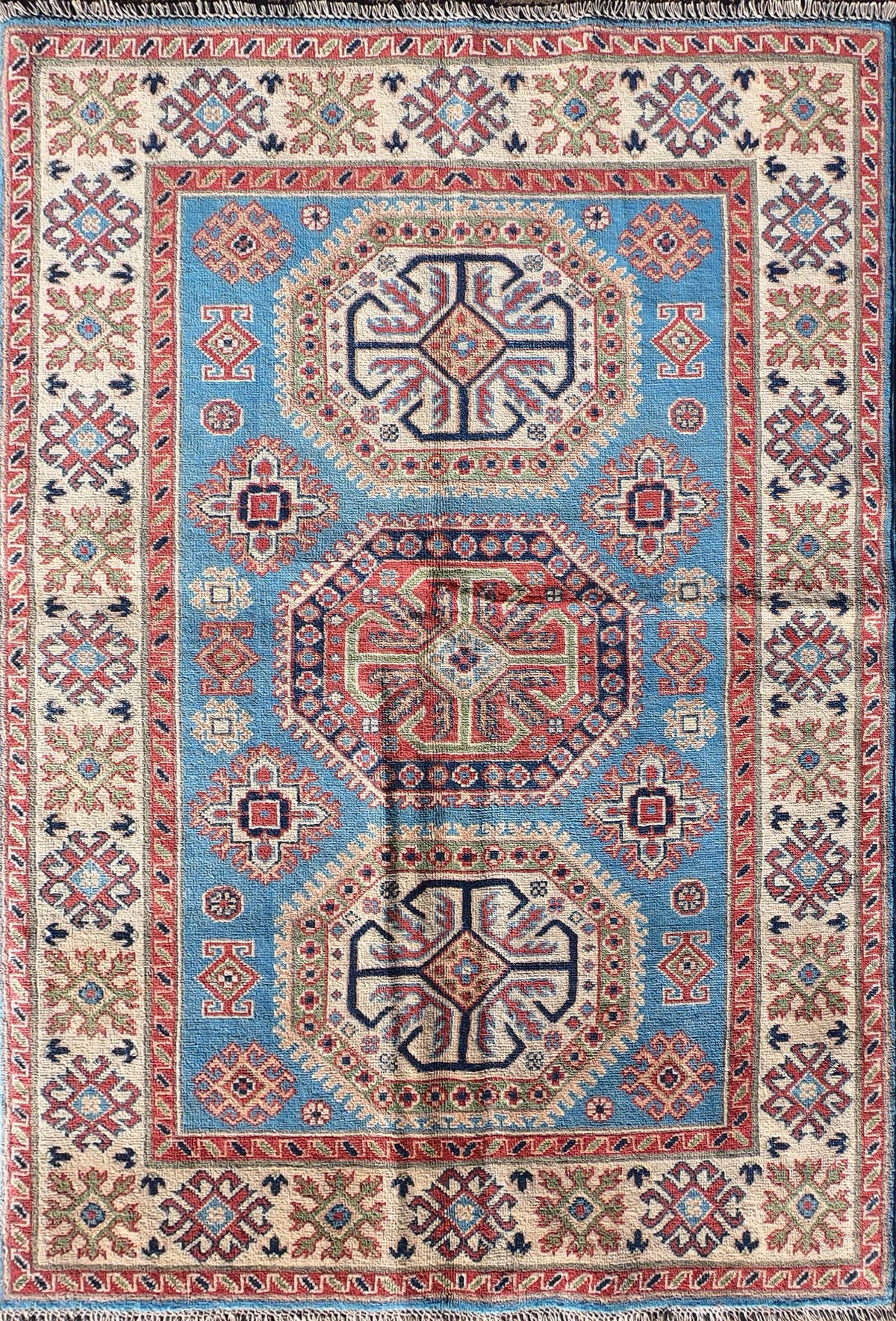 Alfombra persa de lana Kazak, diseño geométrico rojo intenso - Consorcio Persa