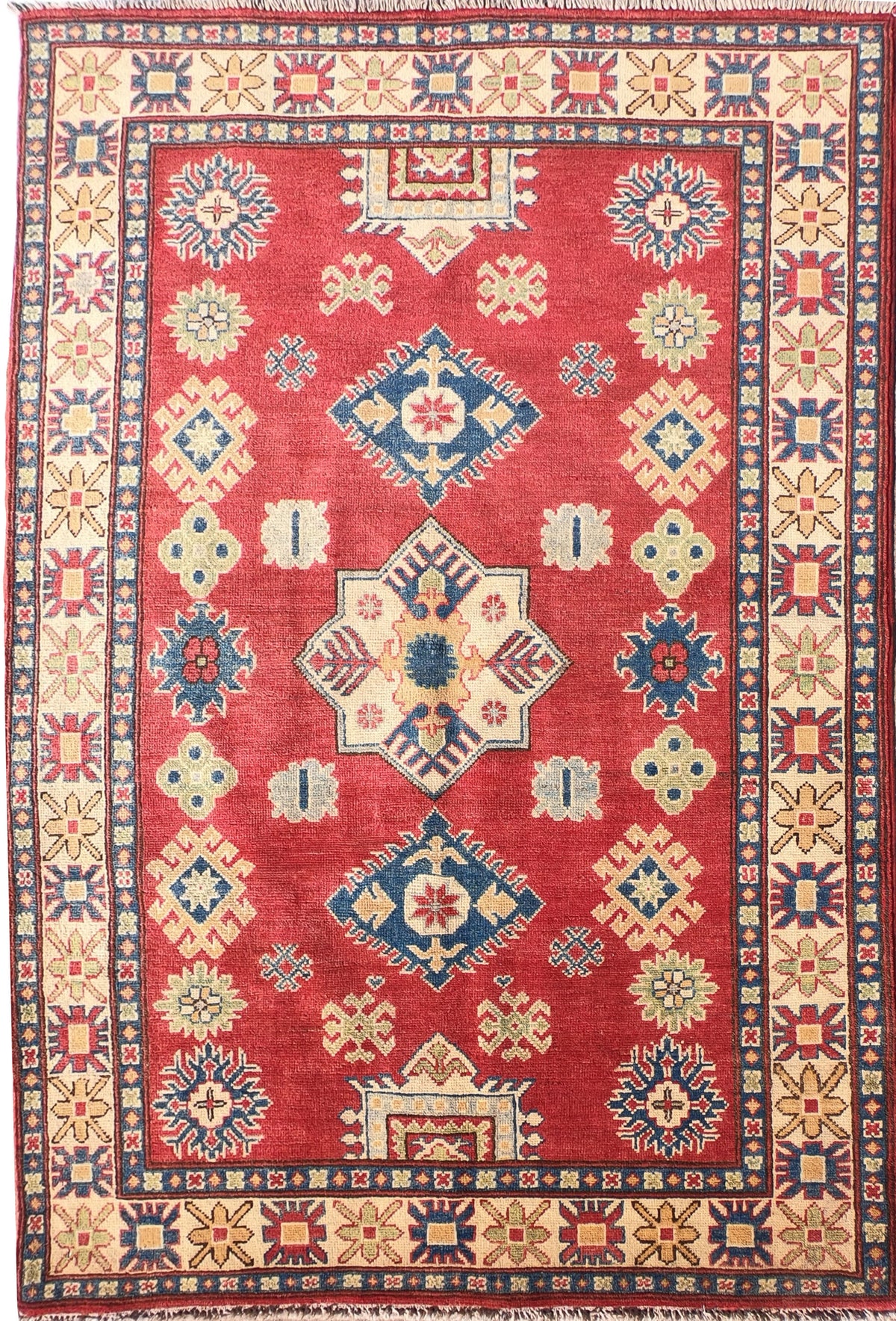 Alfombra persa Kazak de lana con diseño geométrico rojo