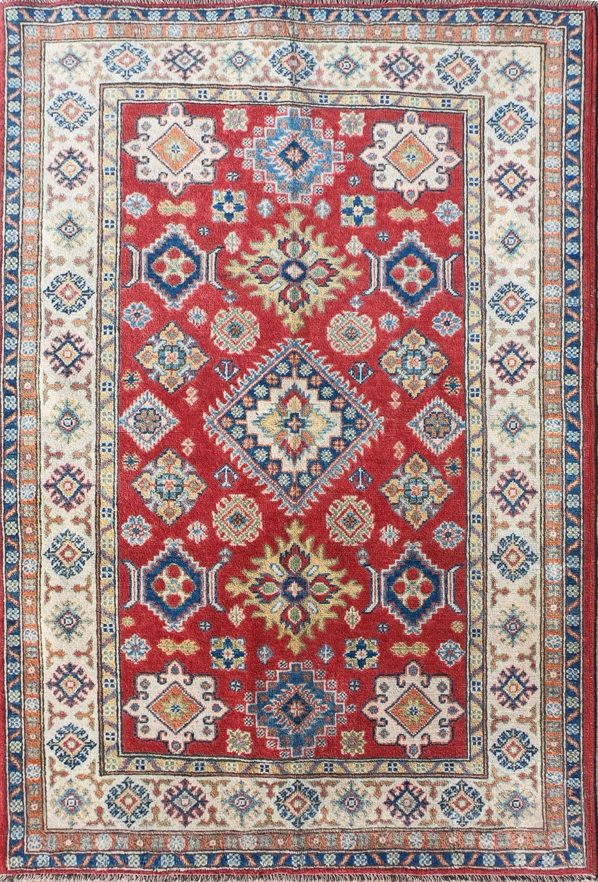 Alfombra Persa Kazak de lana con diseño geométrico rojo