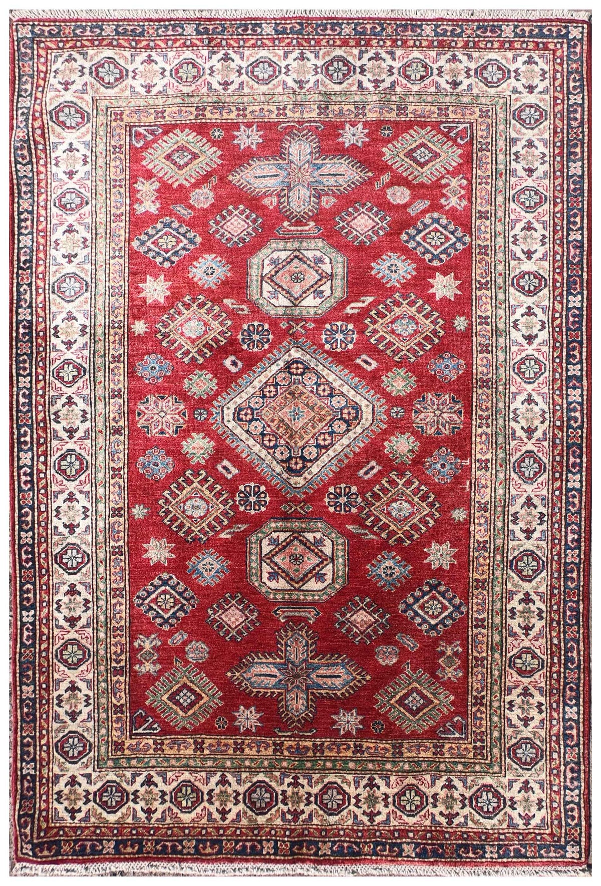Alfombra persa Kazak Ghazni de lana con diseño floral y geométrico