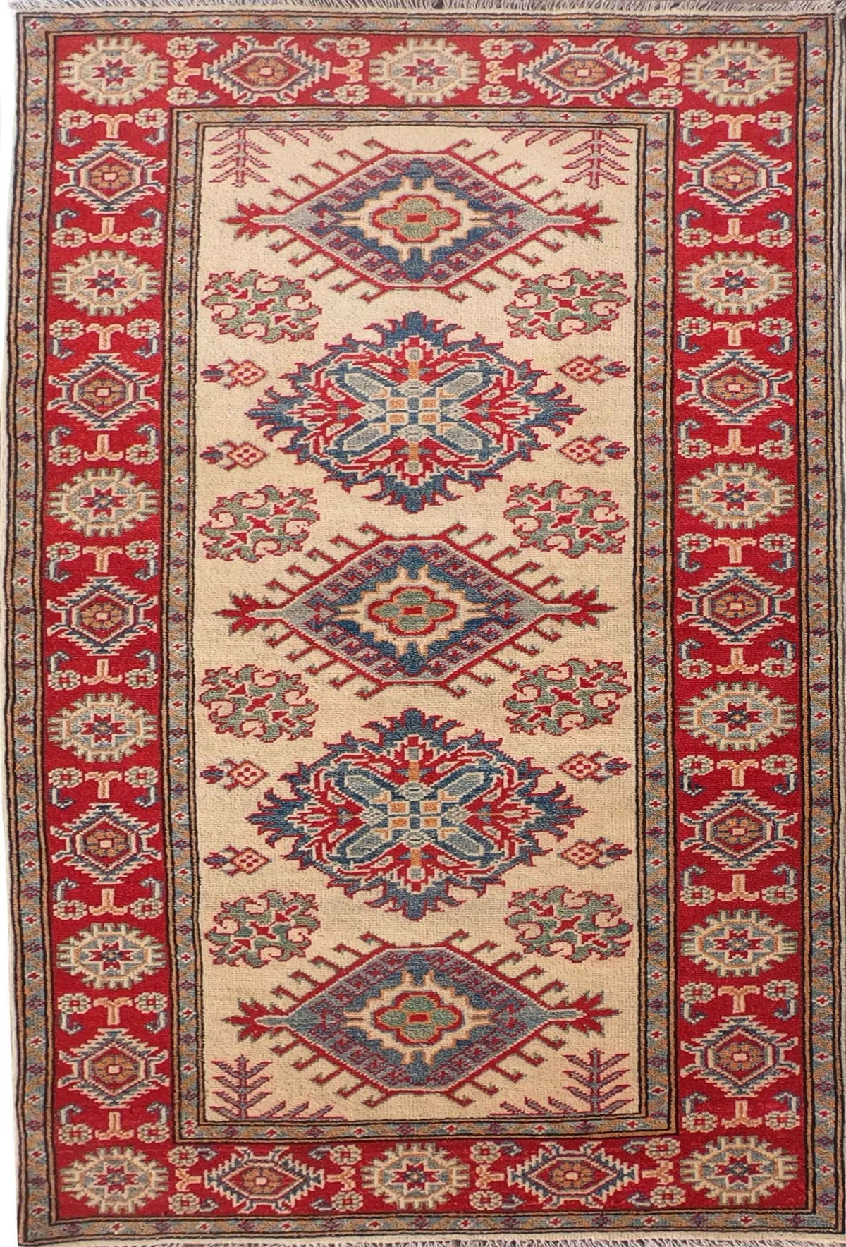 Alfombra Persa Kazak de lana con diseño geométrico en tonos rojos