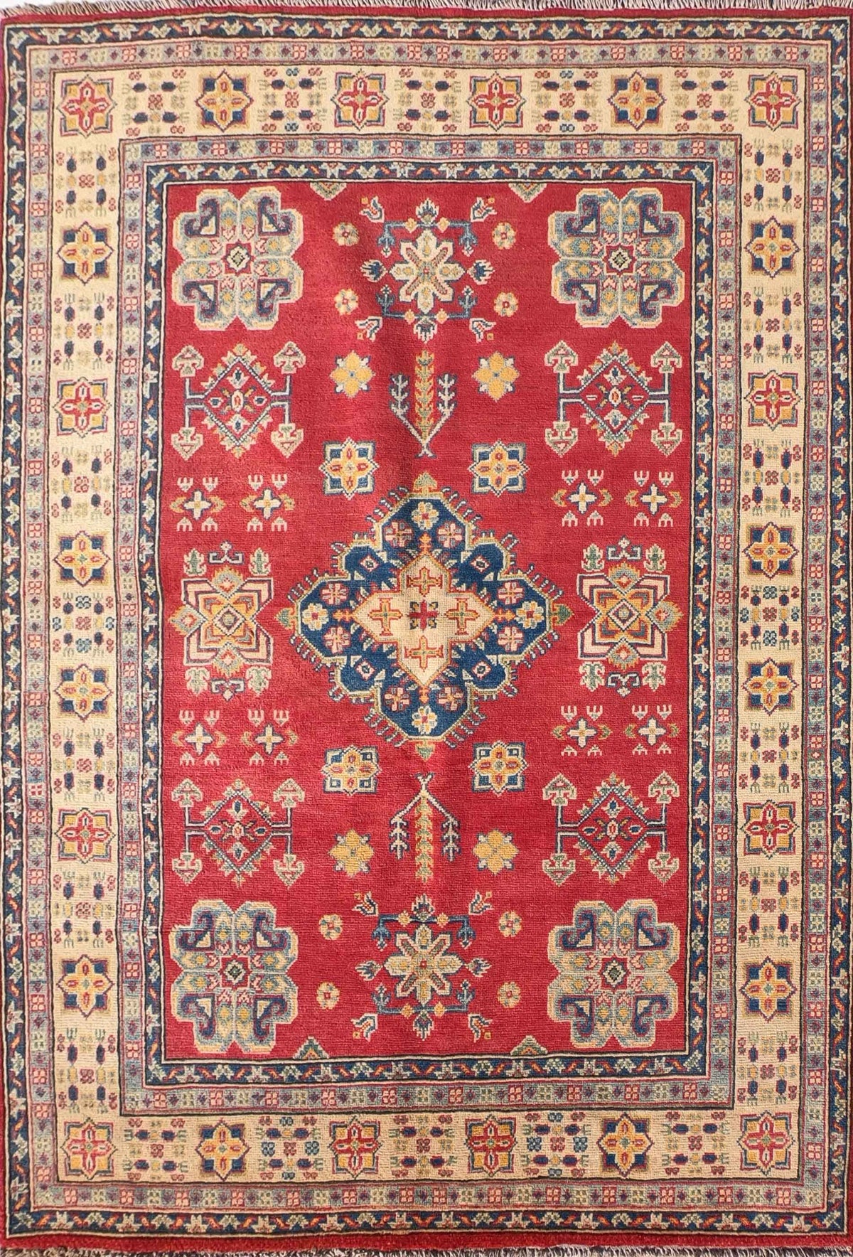 Alfombra Persa Kazak de lana con diseño geométrico rojo