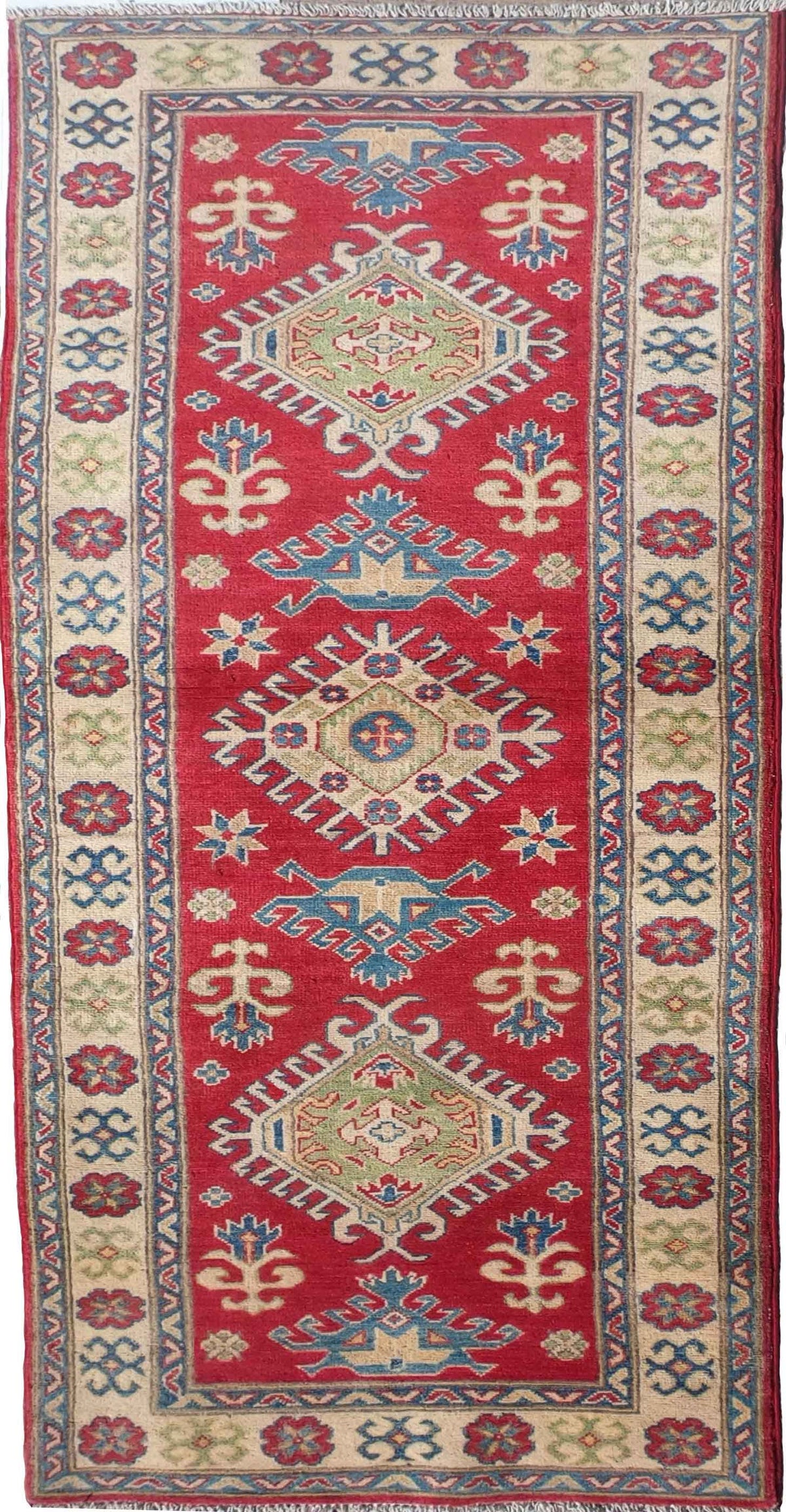 Alfombra Persa Kazak de lana con diseño geométrico en tonos rojos