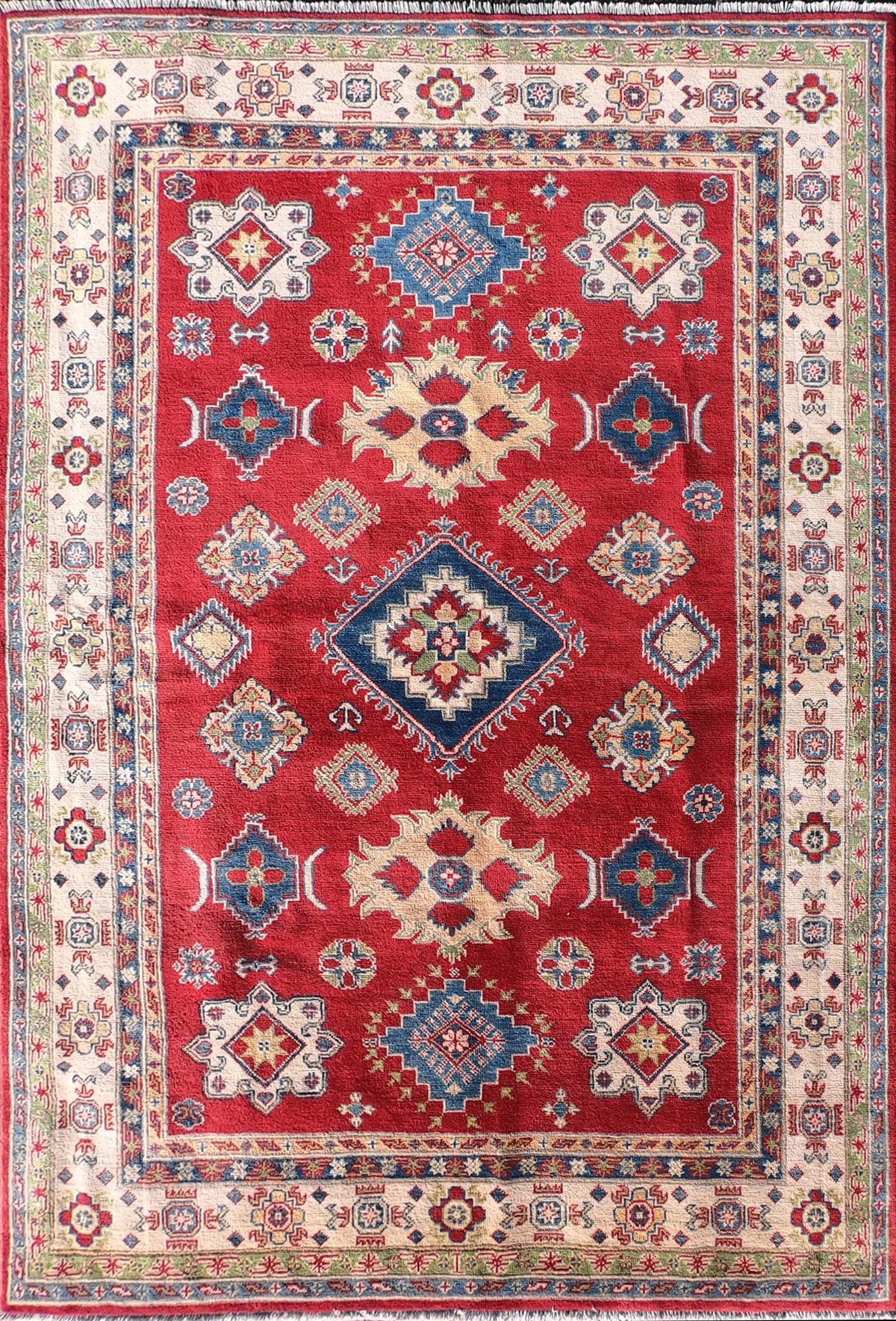 Alfombra persa de lana Kazak, diseño clásico geométrico rojo - Consorcio Persa