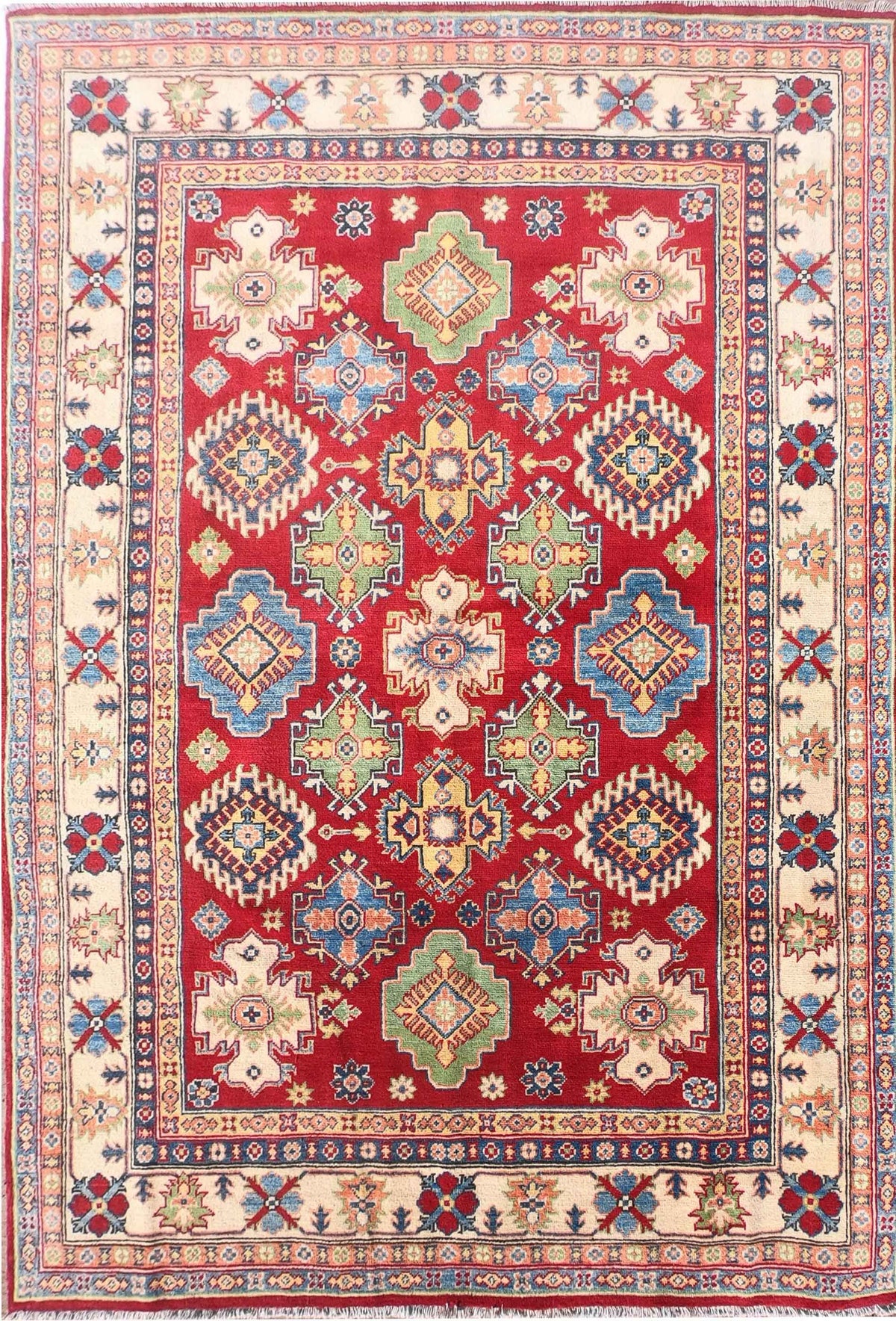 Alfombra Persa Kazak de lana roja y diseños geométricos