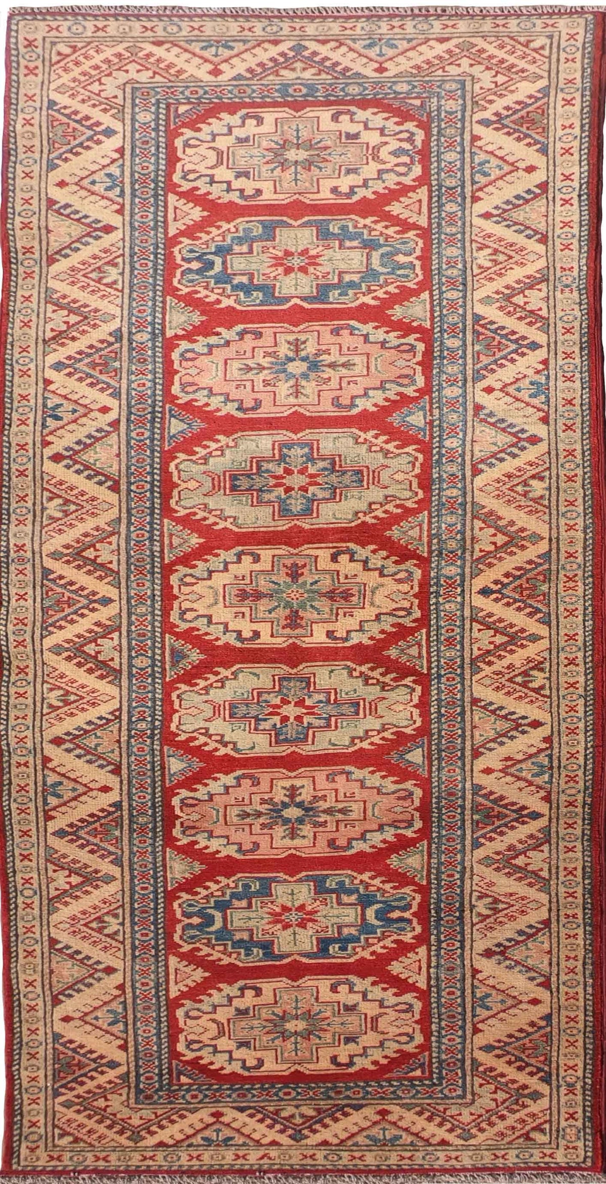 Alfombra persa Kazak de lana roja con diseño geométrico