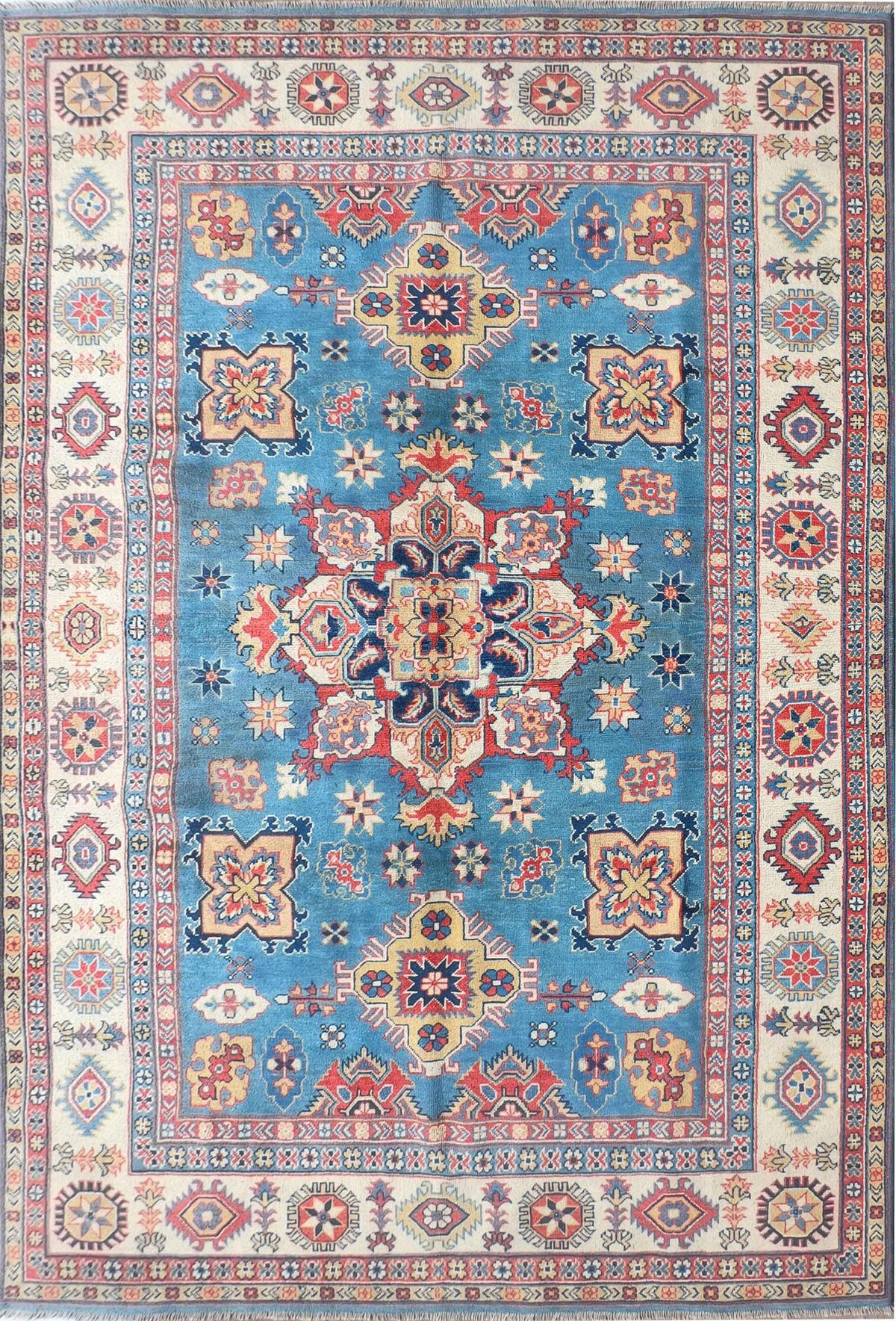 Alfombra Persa Kazak de lana roja con diseño geométrico