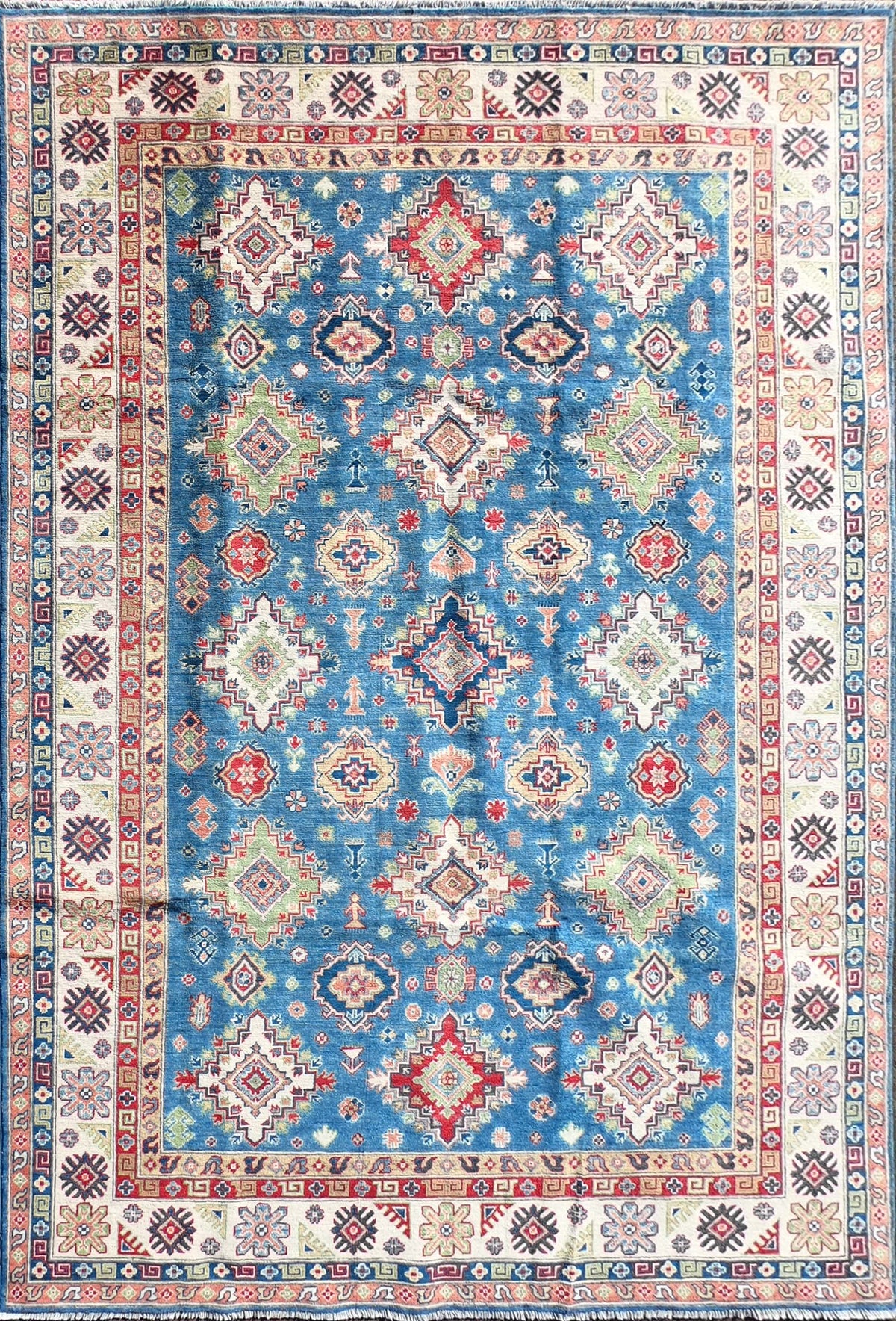 Alfombra persa de lana Kazak, diseño geométrico rojo intenso - Consorcio Persa