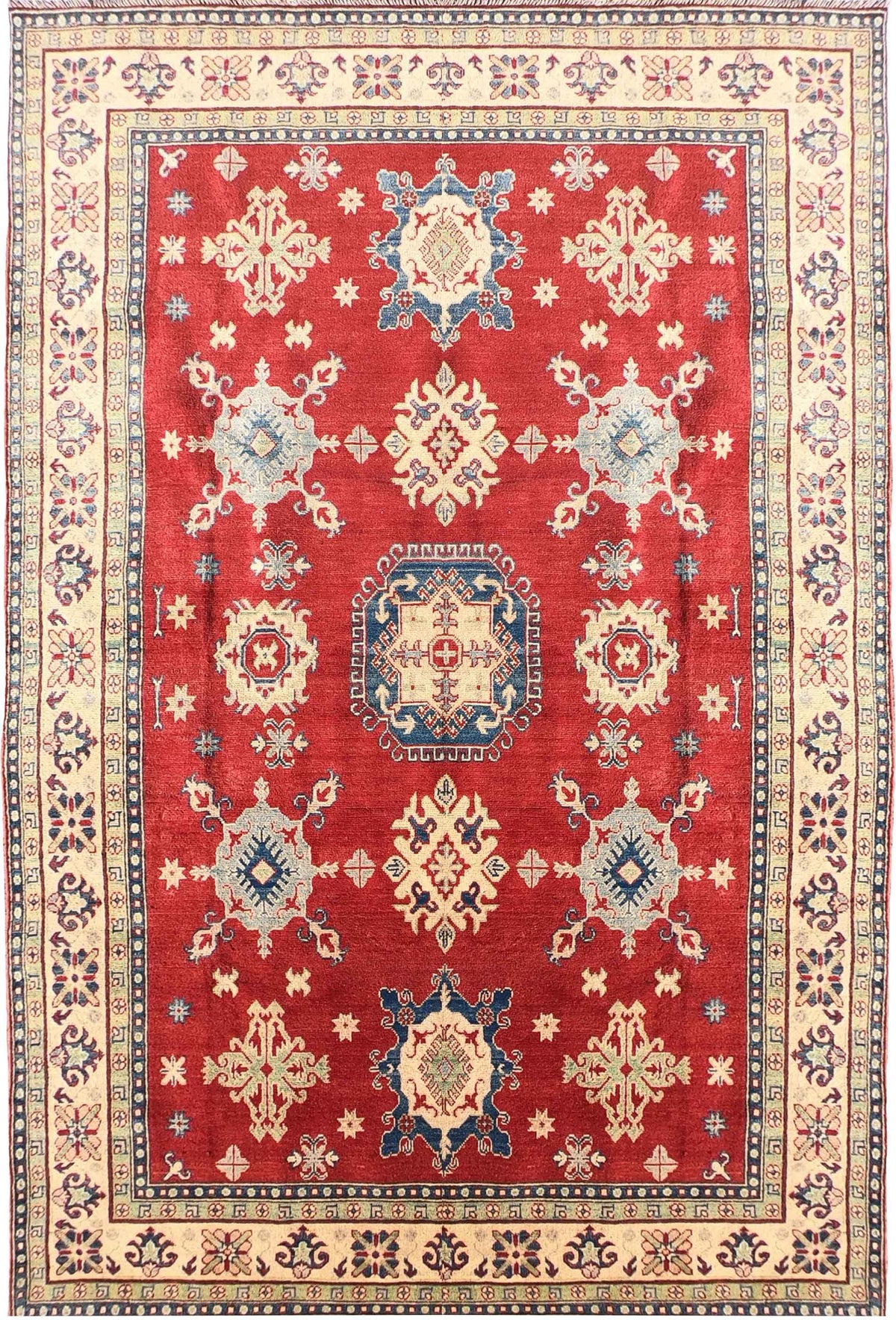 Alfombra Persa Kazak de lana con diseño geométrico en tonos rojos