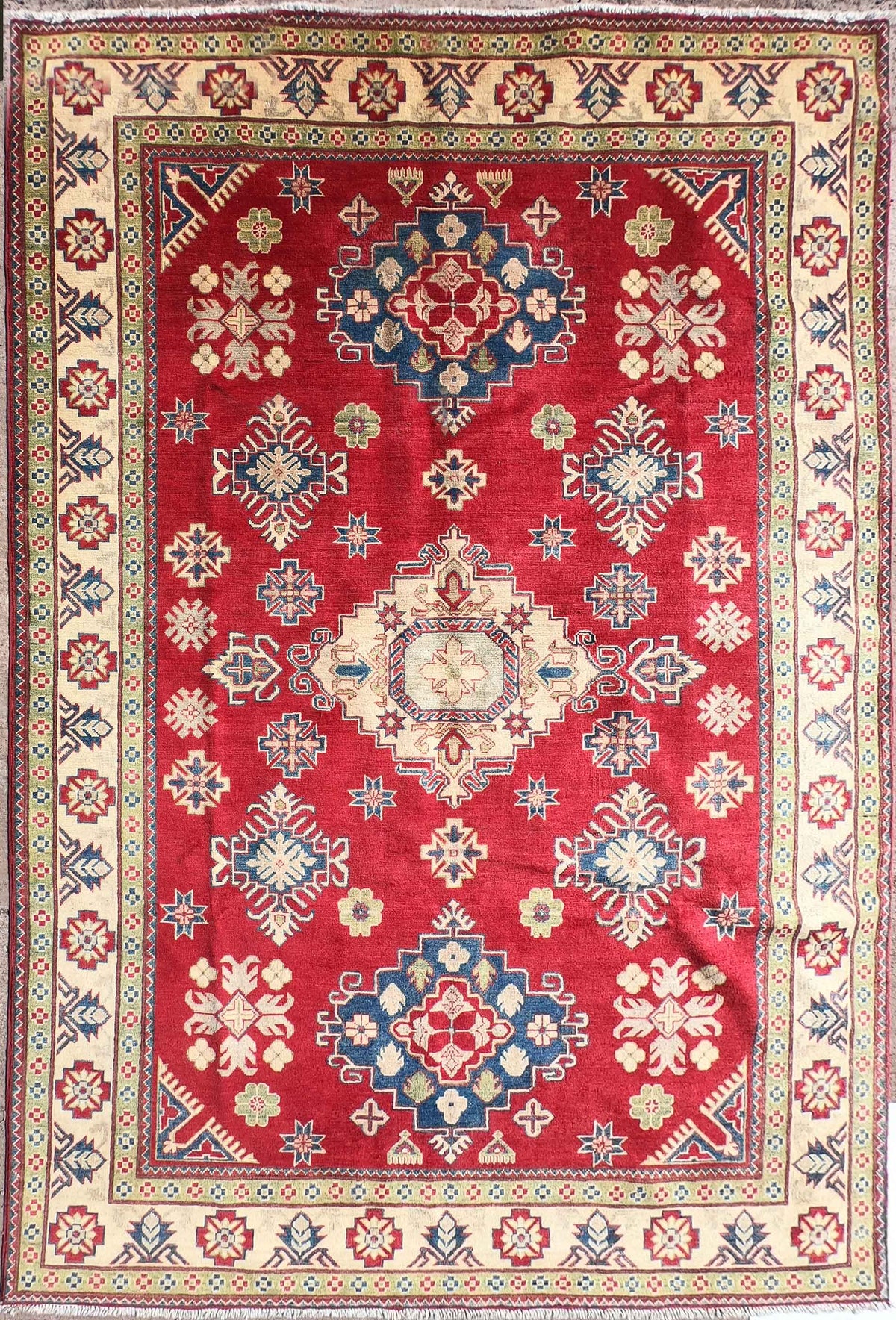 Alfombra Persa Kazak de lana con diseño geométrico rojo