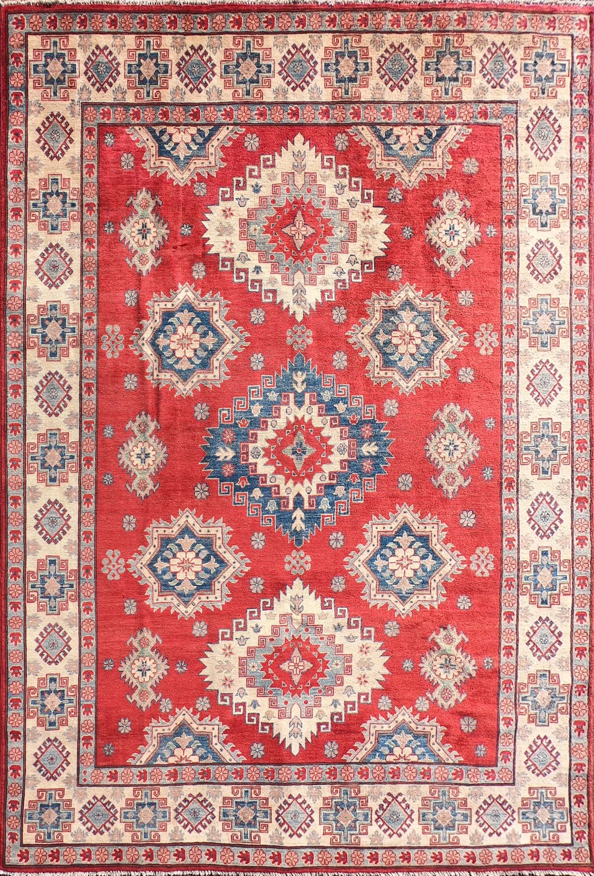 Alfombra Persa de lana Kazak, diseño geométrico rojo intenso, hecha a mano - Consorcio Persa