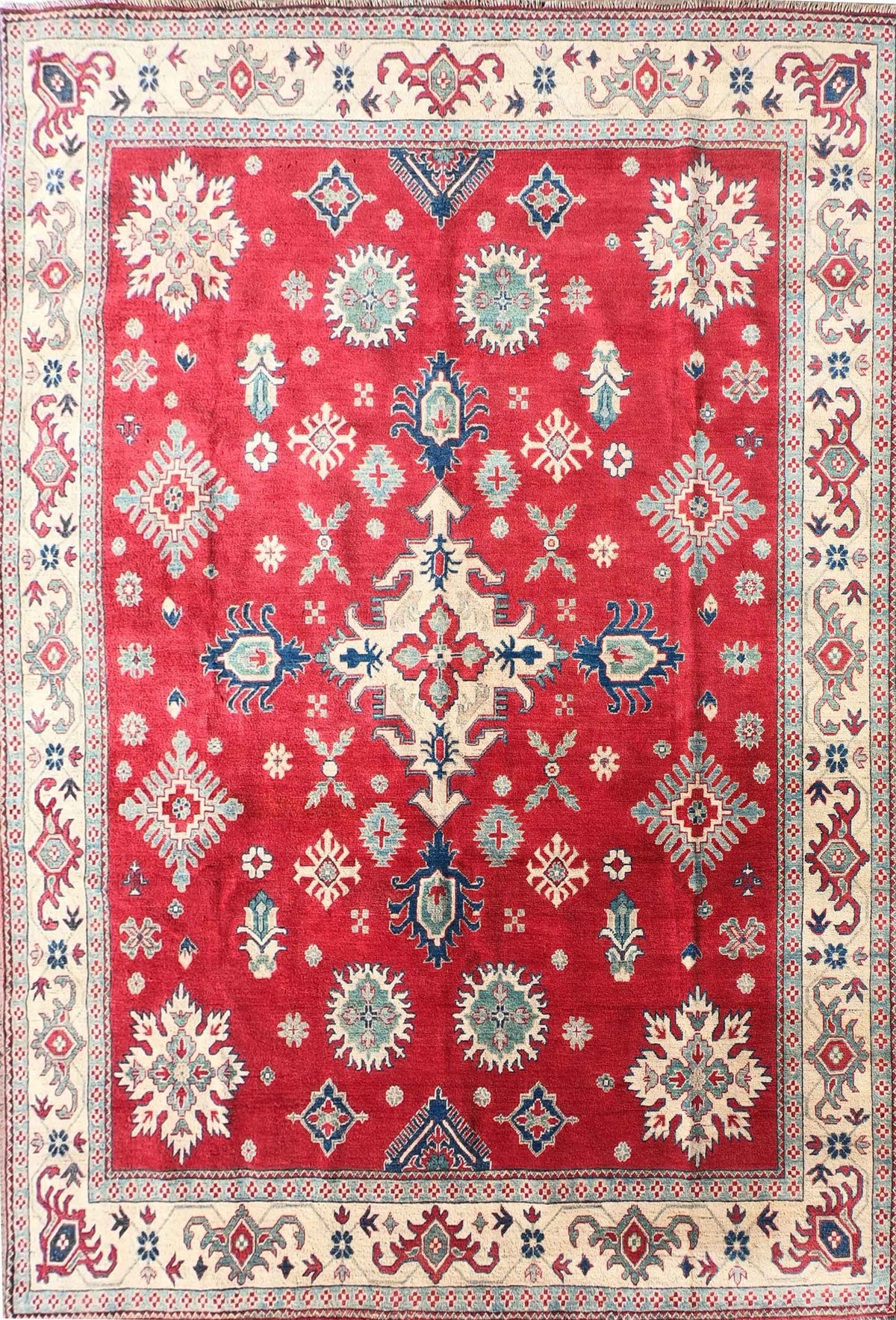 Alfombra persa Kazak roja de lana, diseño geométrico