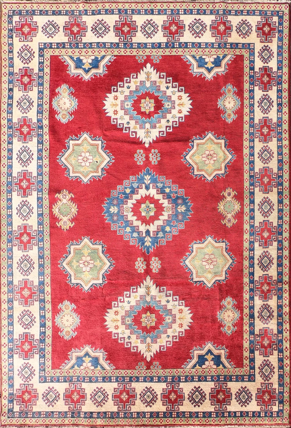 Alfombra persa de lana Kazak, diseño geométrico rojo, hecha a mano - Consorcio Persa