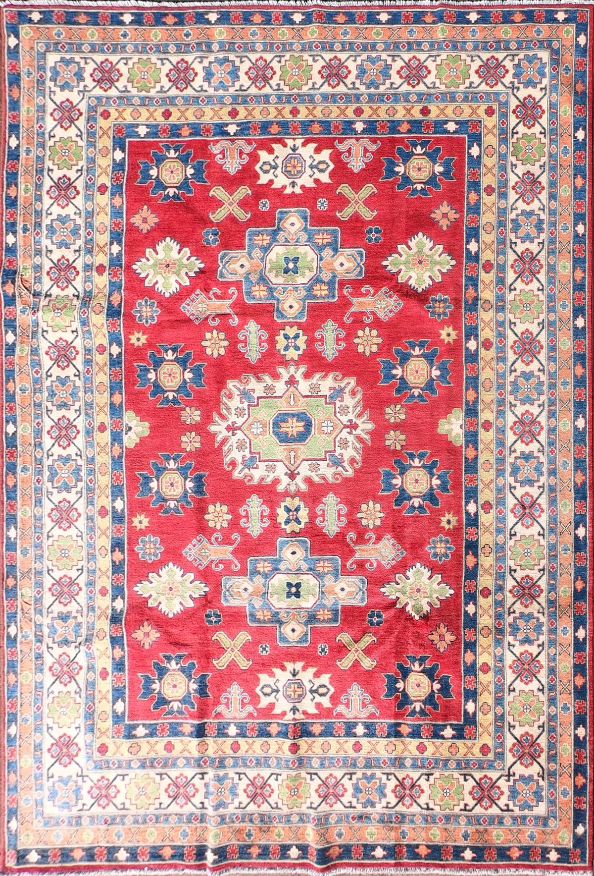 Alfombra persa de lana Kazak, diseño geométrico rojo intenso - Consorcio Persa