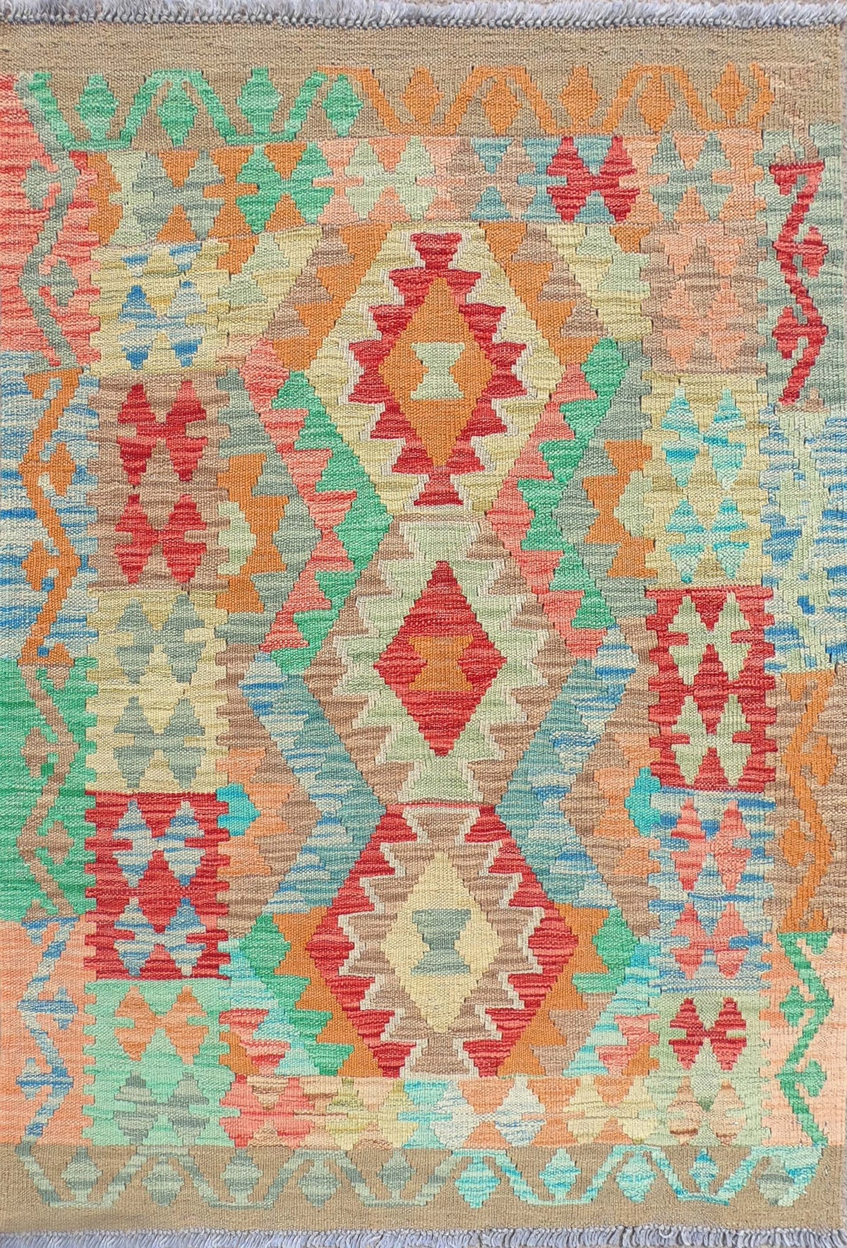 Alfombra de lana Kelim tejida a mano con diseño geométrico colorido - Consorcio Persa