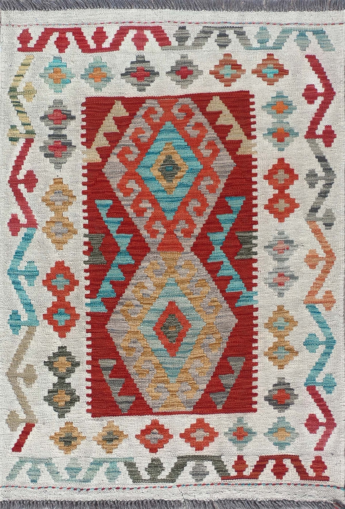Alfombra de lana Kelim con diseño geométrico colorido, hecha a mano - Consorcio Persa