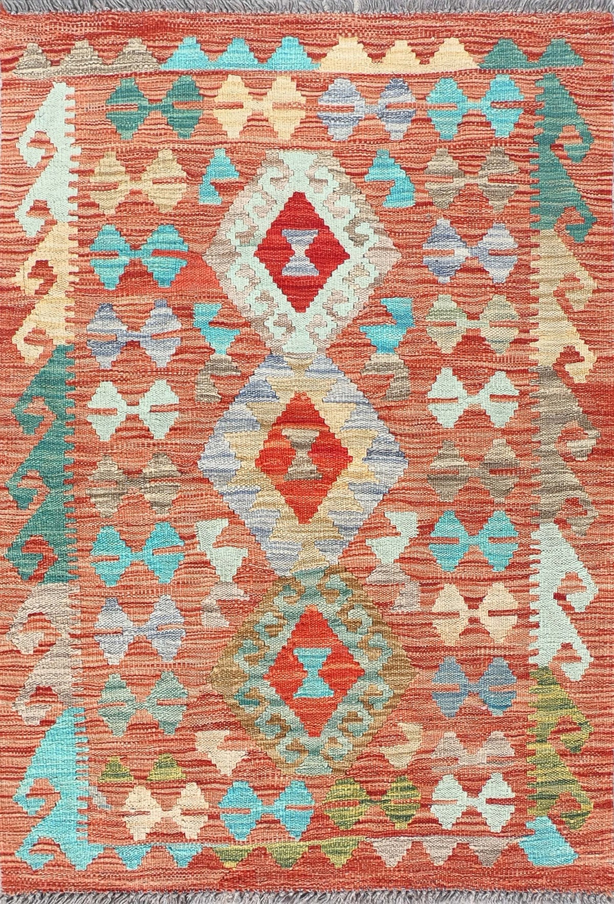 Alfombra de lana Kelim tejida a mano con diseño geométrico colorido - Consorcio Persa