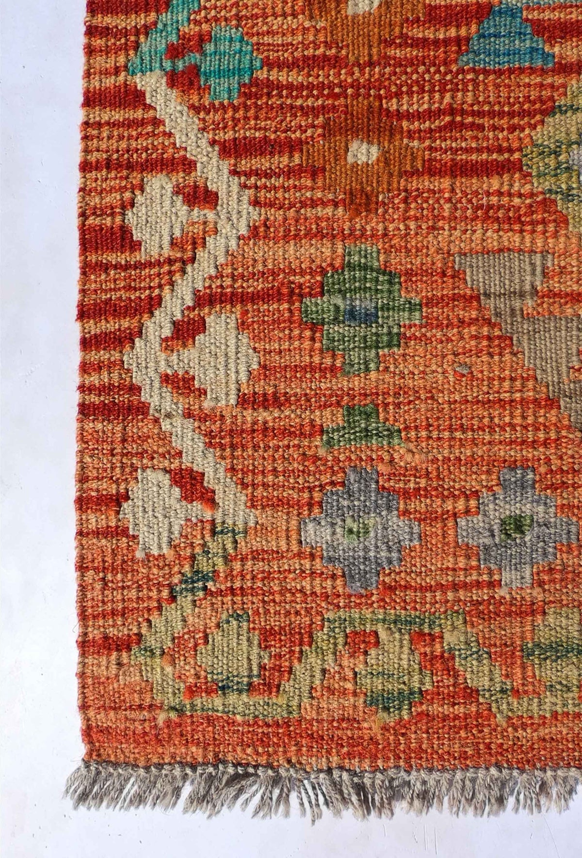 Alfombra Kelim Kashkuli de lana con diseño tradicional y colores vibrantes