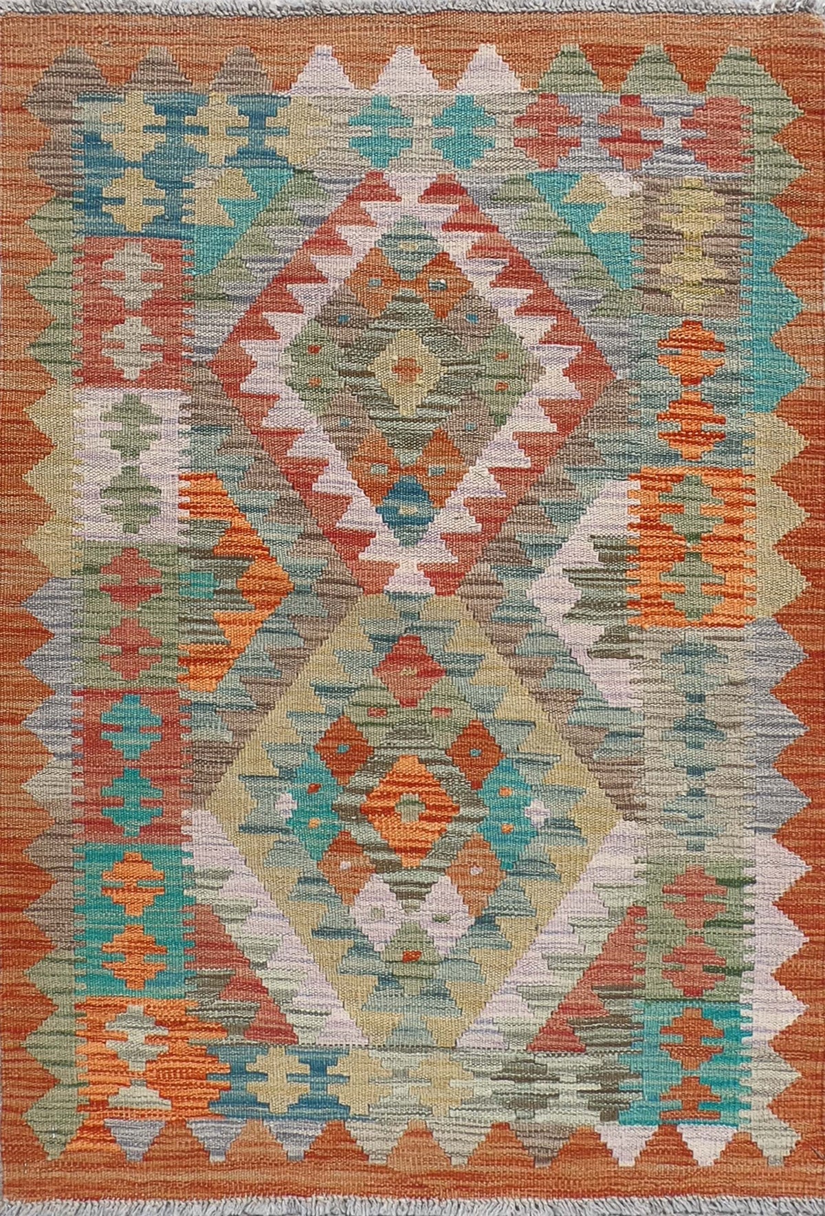 Alfombra de lana Kelim tejida a mano con diseño geométrico colorido - Consorcio Persa
