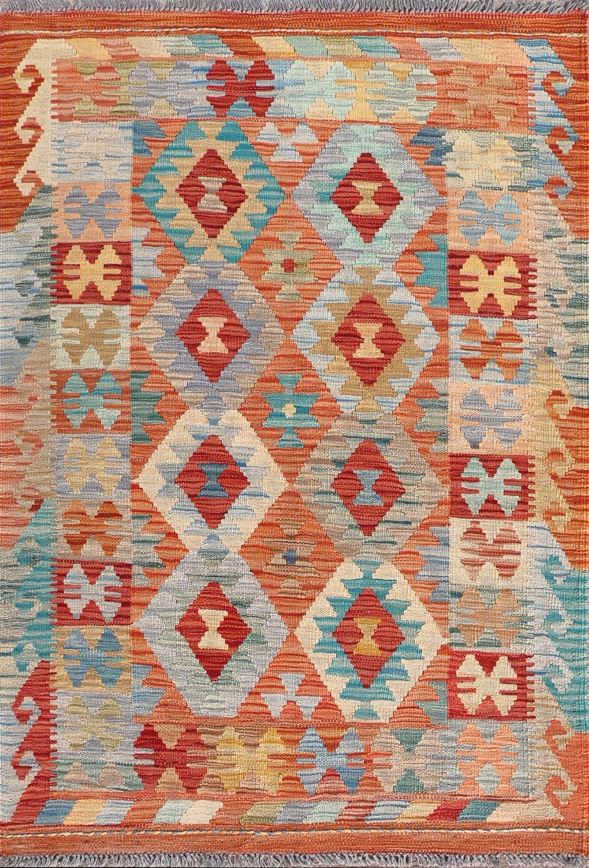 Alfombra de lana Kelim con diseño geométrico colorido, hecha a mano - Consorcio Persa