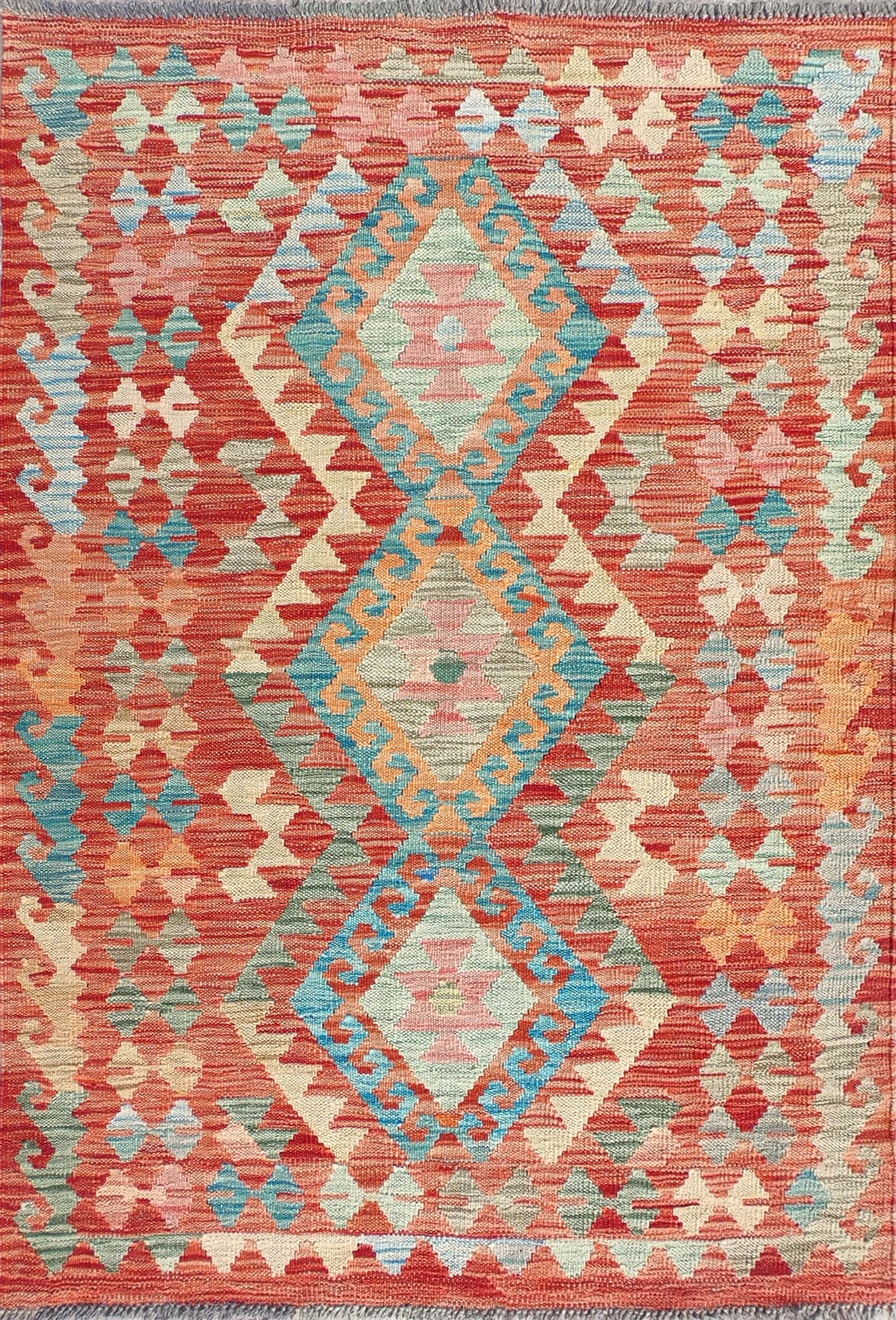 Alfombra Kelim de lana tejida a mano, diseño geométrico colorido - Consorcio Persa