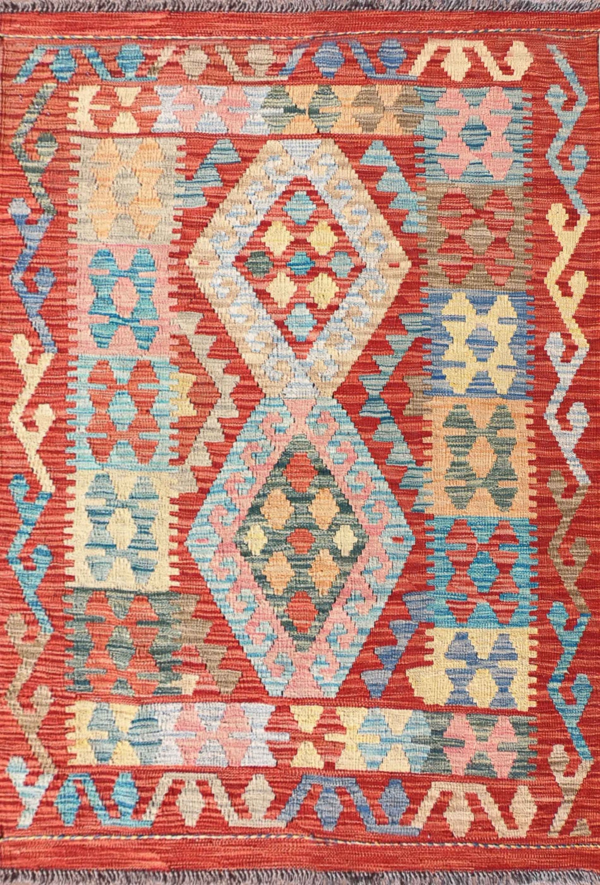 Alfombra Kelim Kashkuli de lana pakistaní con diseño geométrico
