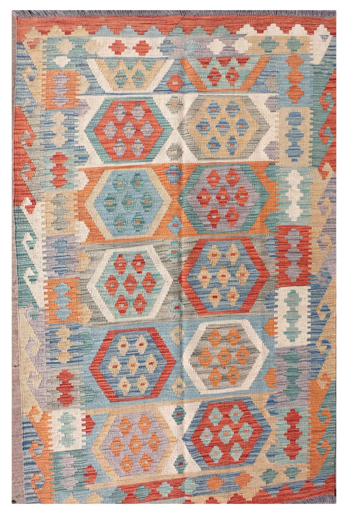 Alfombra Kelim Kashkuli Pakistaní de lana con diseño colorido