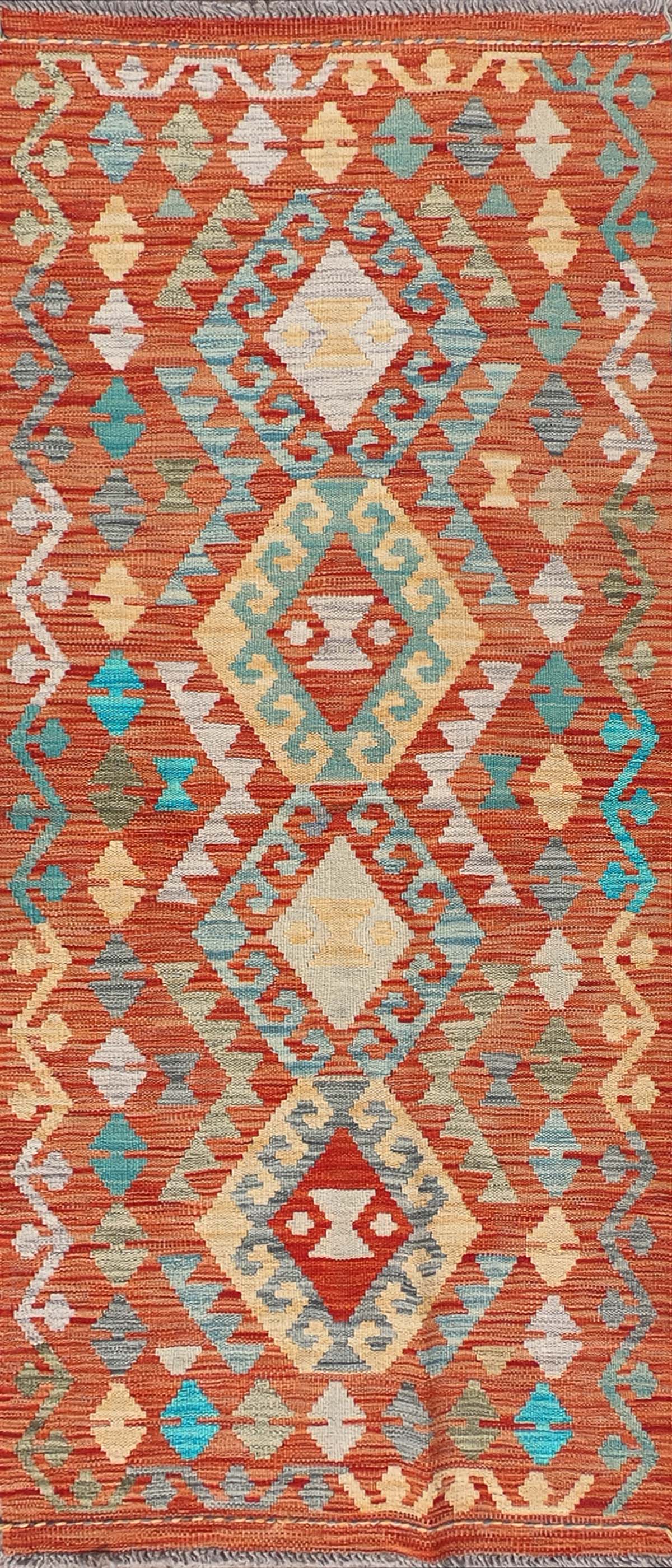 Alfombra de lana Kelim tejida a mano con diseño geométrico colorido - Consorcio Persa