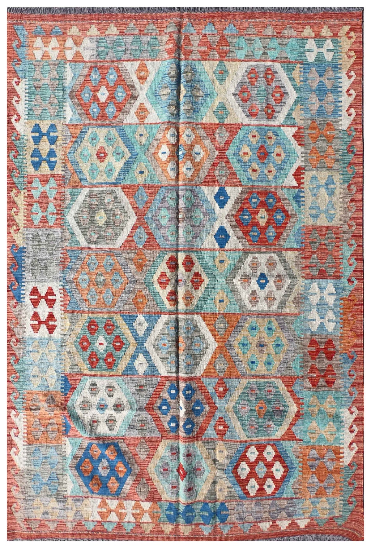 Alfombra Kelim Kashkuli de lana pakistaní con diseño geométrico