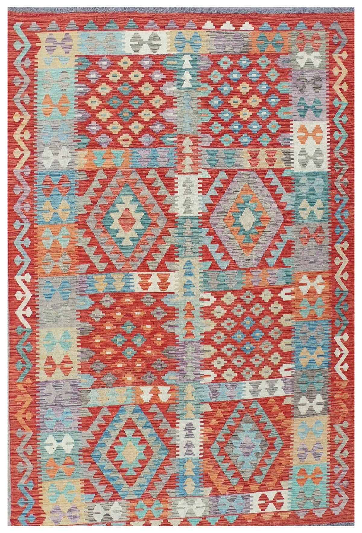 Alfombra Kelim Kashkuli de lana pakistaní con diseño geométrico