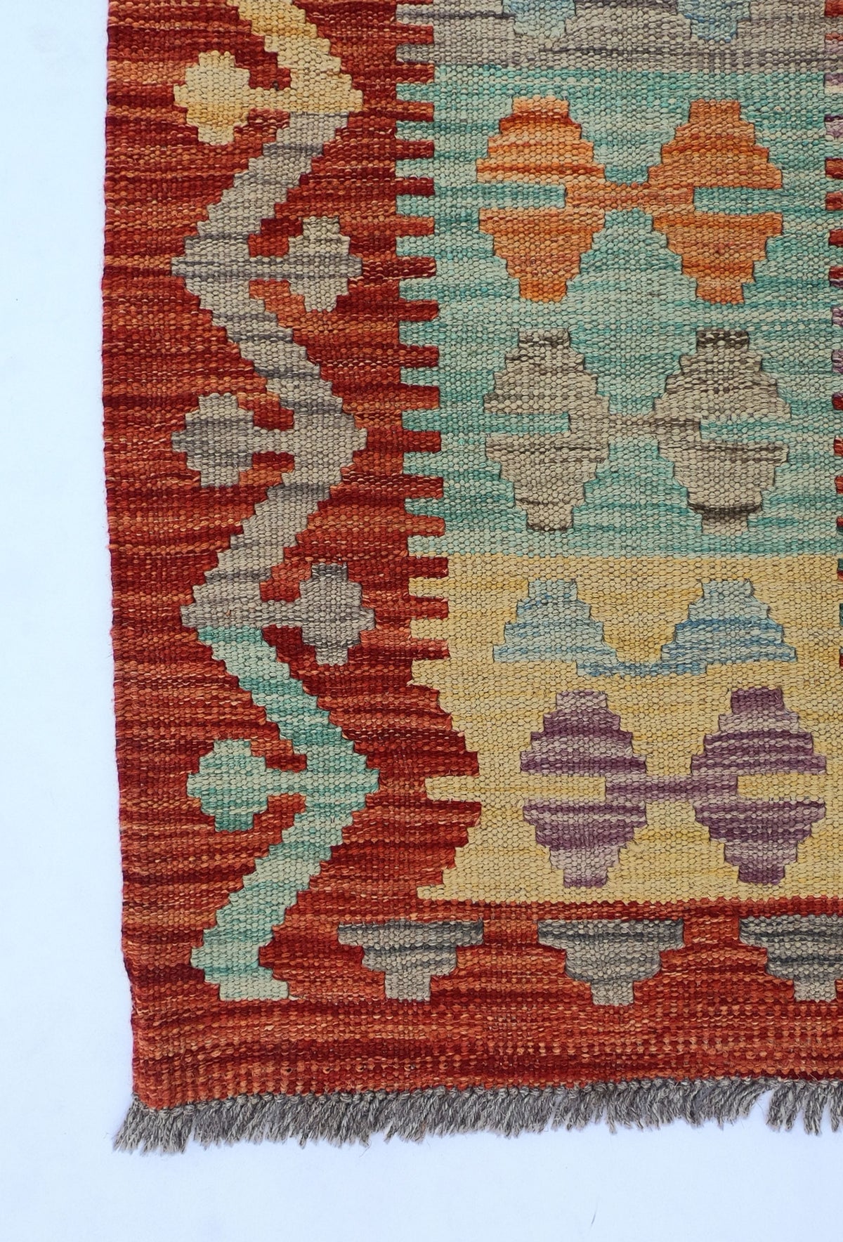 Alfombra Kelim de lana con diseño colorido, ideal para sala de estar