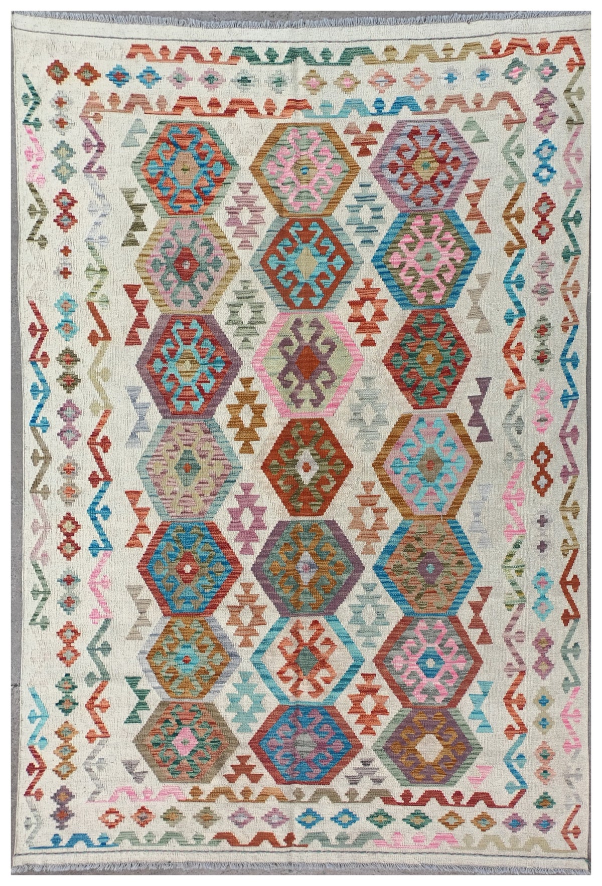 Alfombra Kelim Kashkuli paquistaní de lana con diseño geométrico