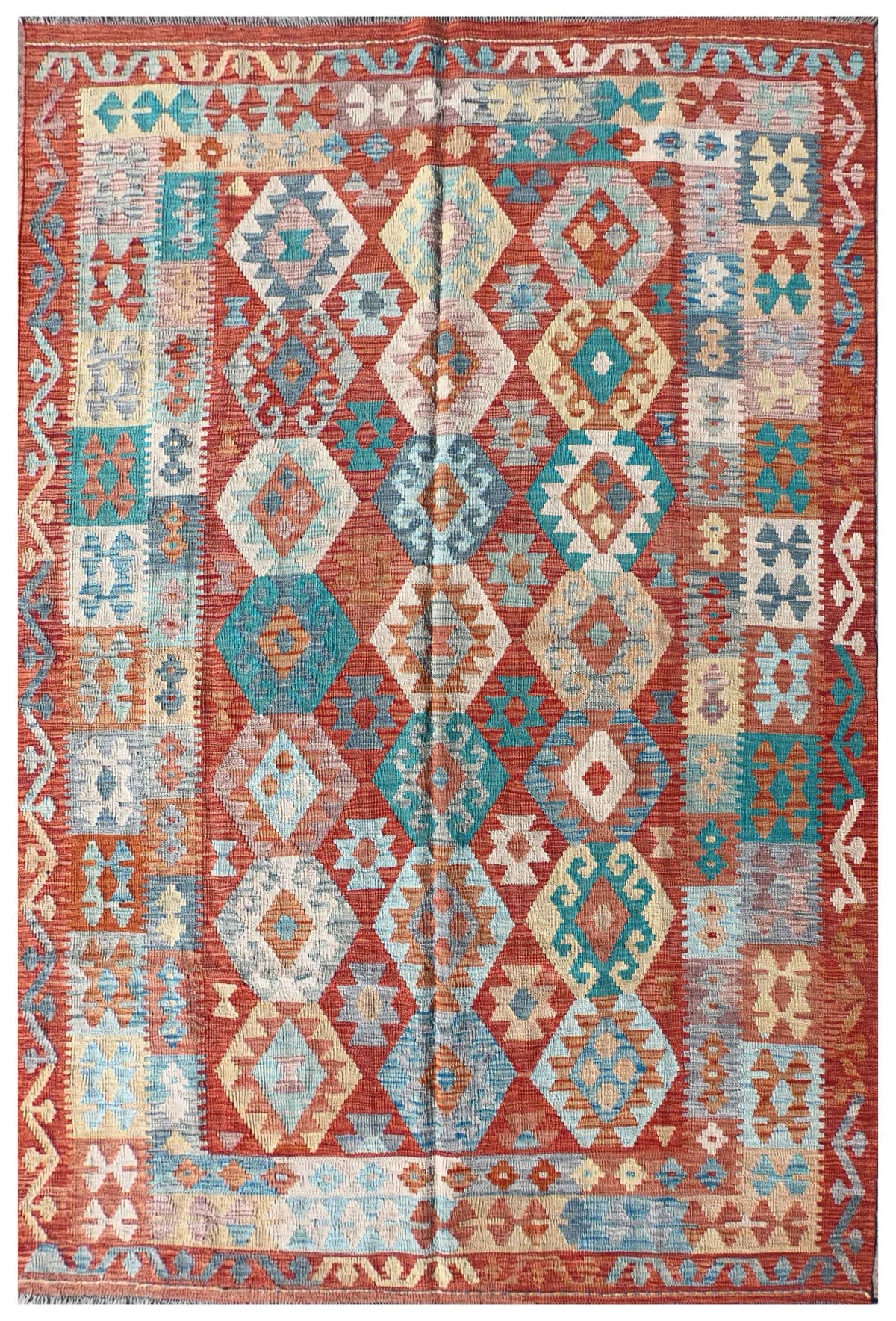 Alfombra Kelim Kashkuli de lana, diseño geométrico y colores vibrantes.