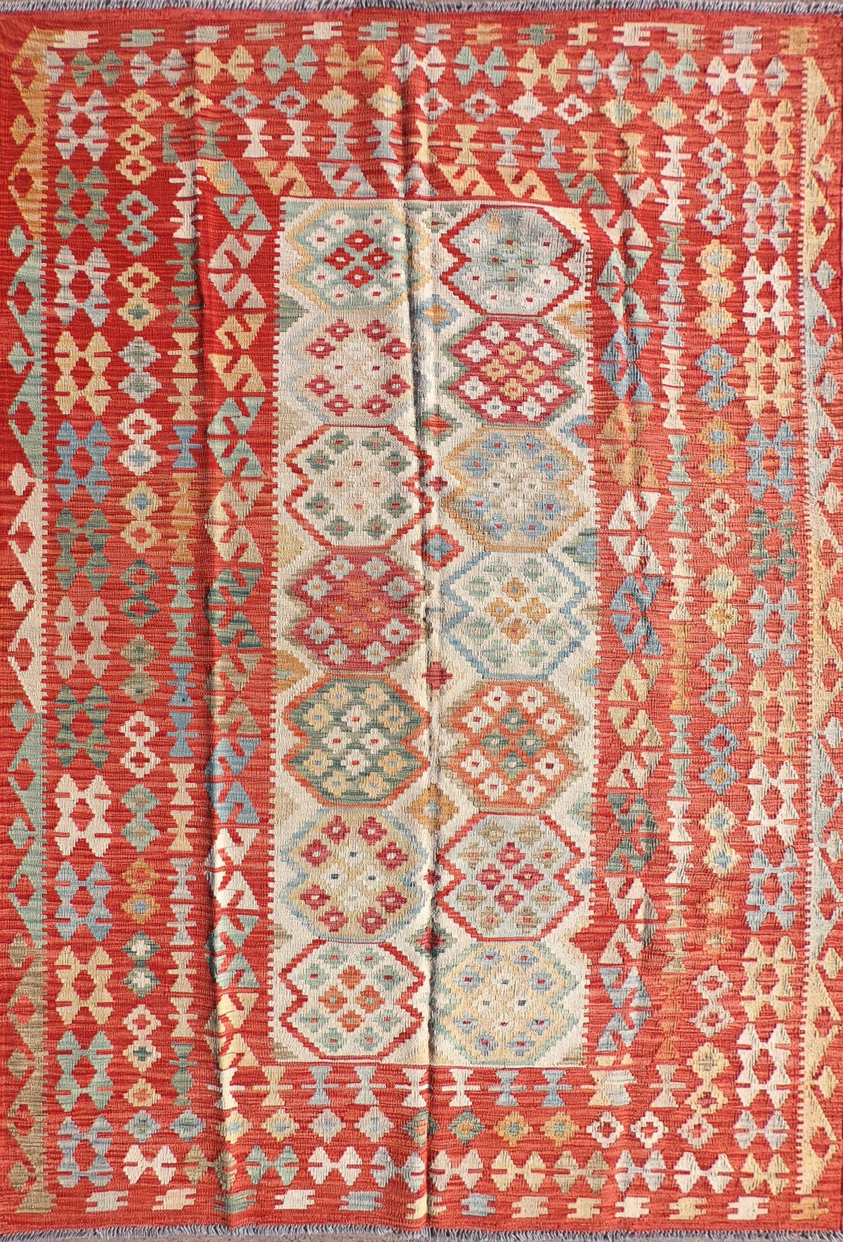 Alfombra Kelim Kashkuli de lana pakistaní con diseño geométrico
