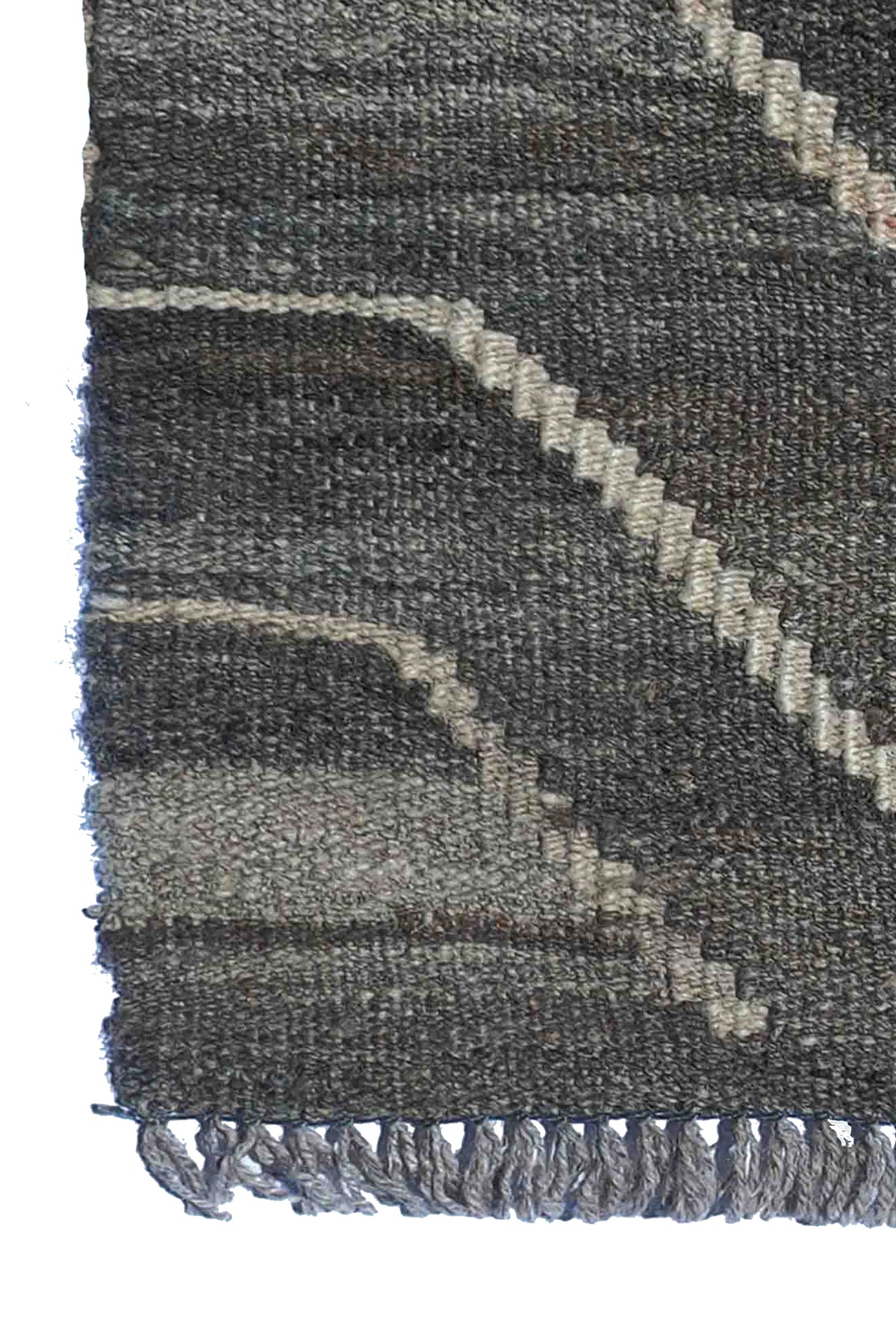 Vista lateral de alfombra Kelim Karachi, tejido plano de lana con tintes naturales