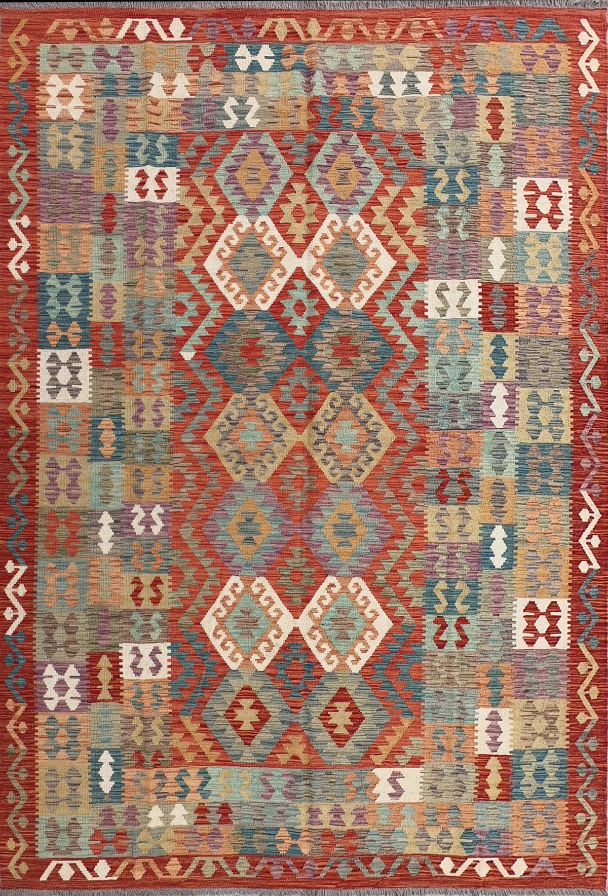 Alfombra de lana Kelim hecha a mano con diseño geométrico colorido - Consorcio Persa