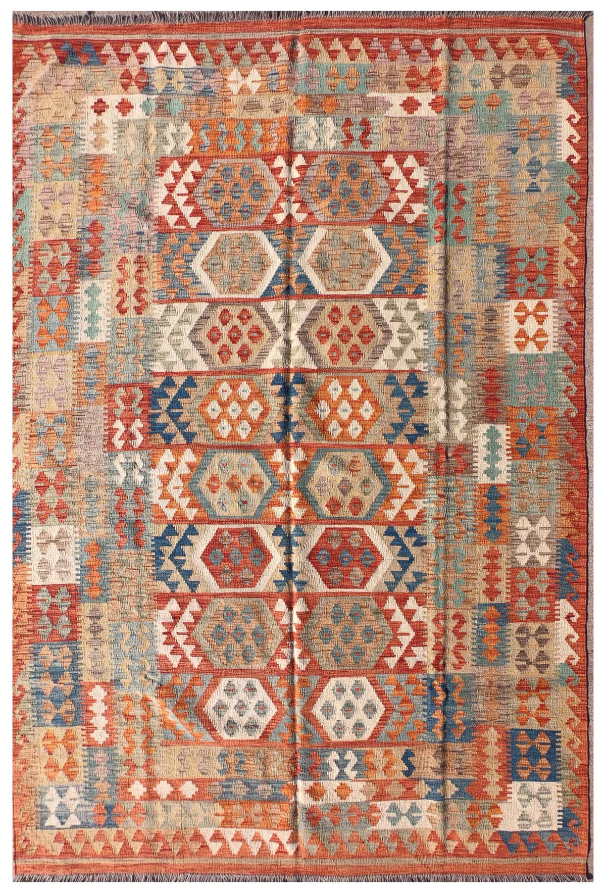 Alfombra Kelim Kashkuli de lana, diseño geométrico y colores vibrantes, origen Pakistaní.