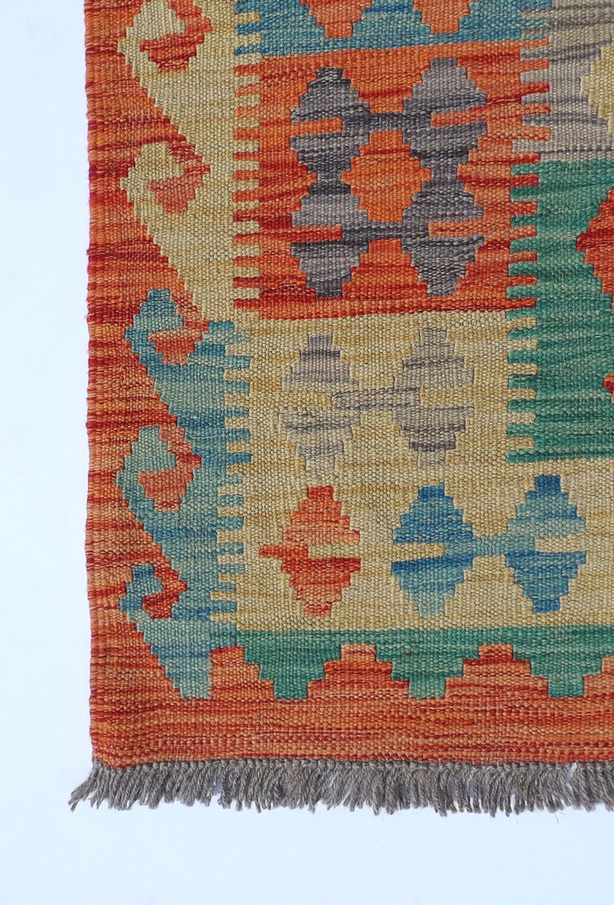 Alfombra estilo Kelim Kashkuli tejida en telar con diseño colorido